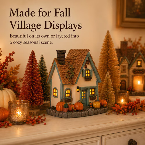 🍂🏡Fall Harvest Lighted Cottage Resin Figurine✨