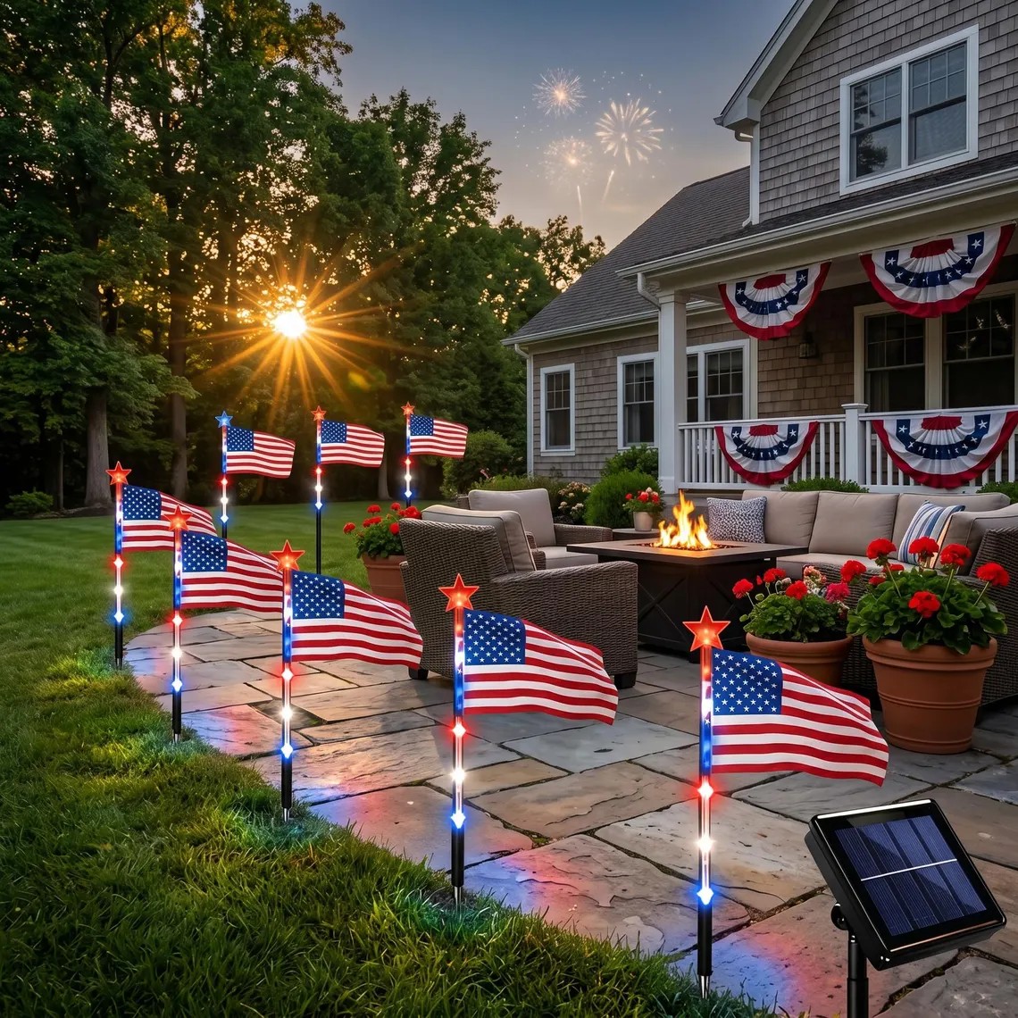 8 Pack Solar American Flag Lights, Waterproof Patriotic Pathway Stakes