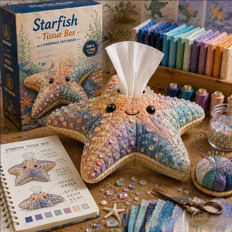 Ocean Animal Patchwork Tissue Box Cover Kit | DIY Handmade Sewing Tissue Holder Gift Set