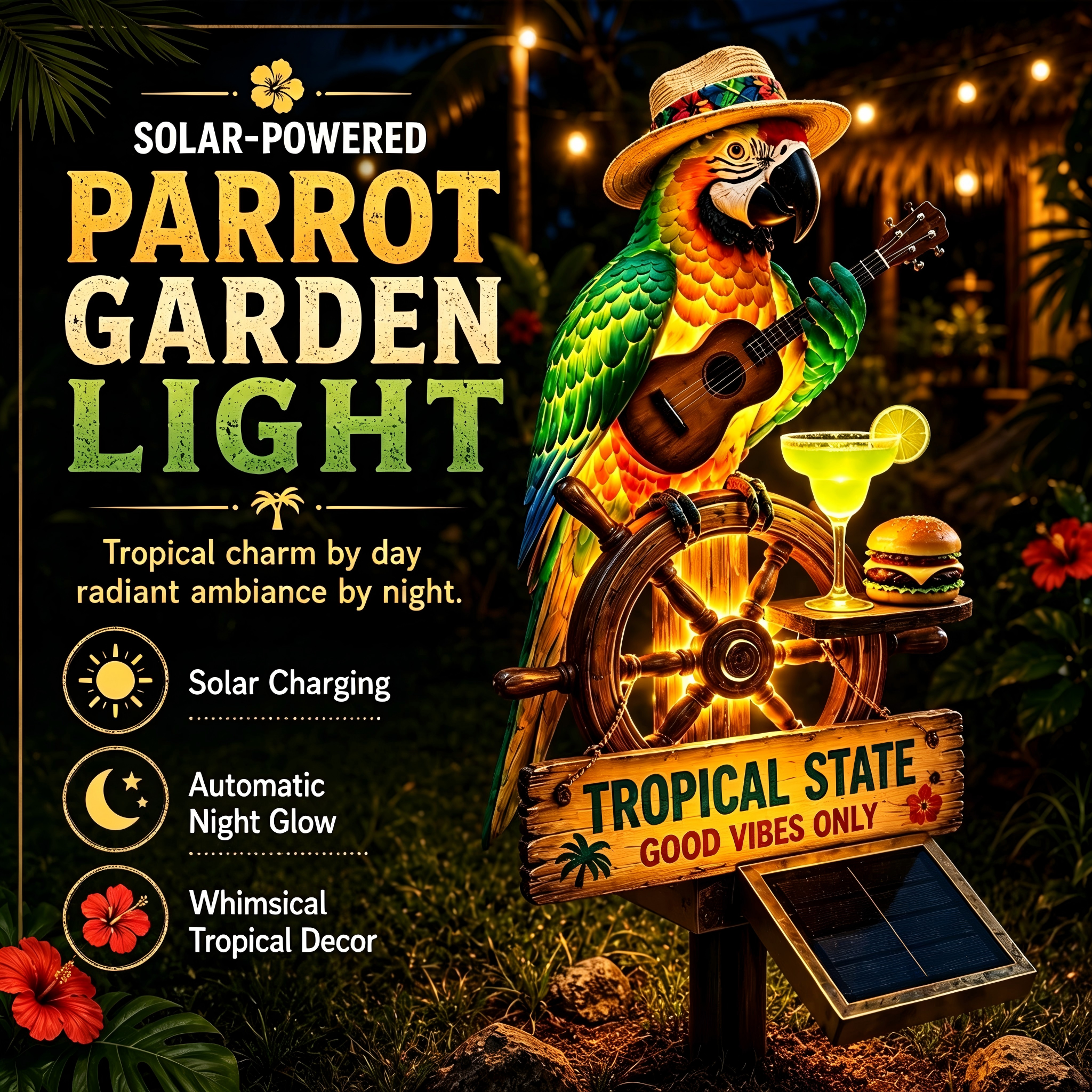 Solar Powered Tropical Parrot Garden Stake Light | Tiki Bar Outdoor LED Lawn Decor