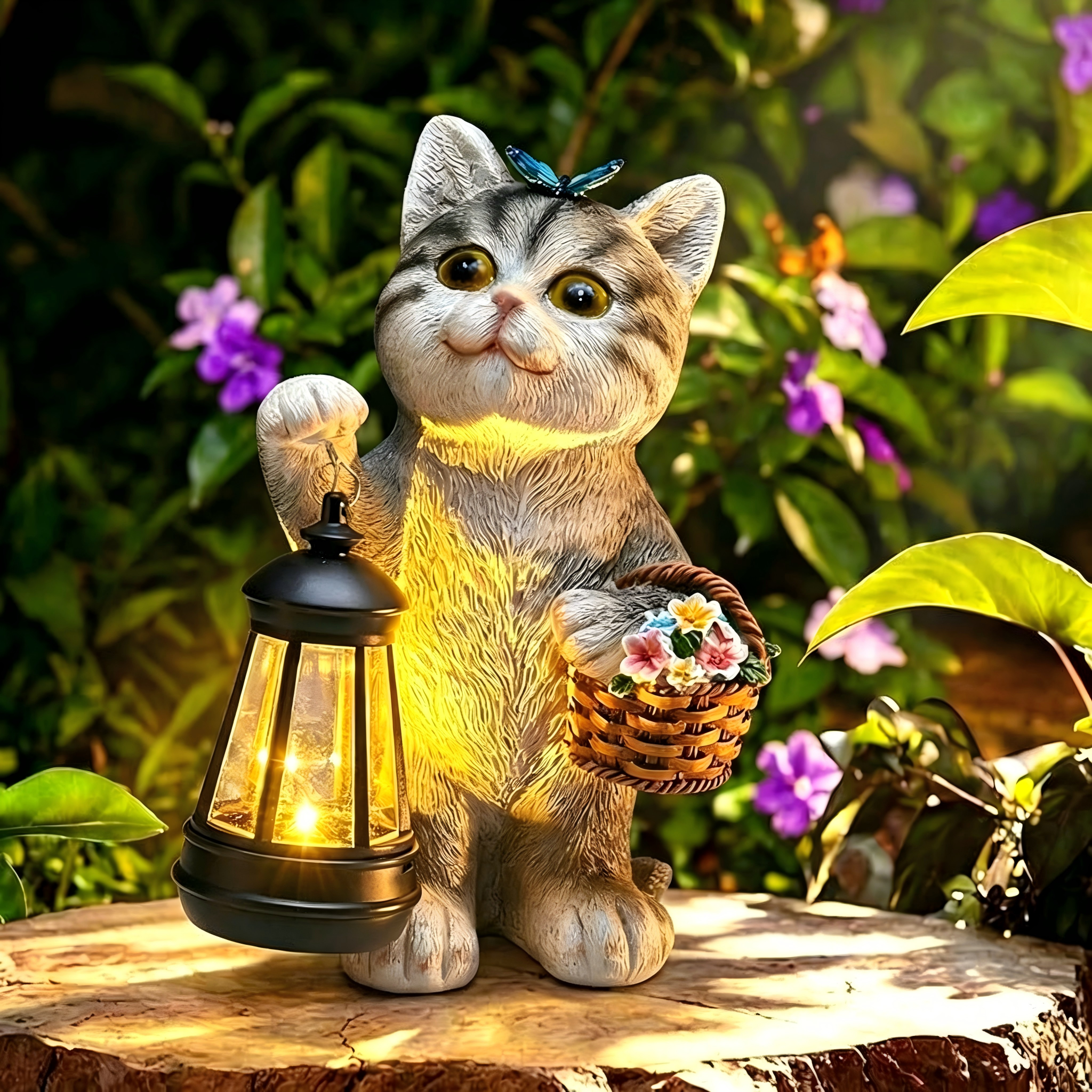 Solar Tabby Cat Garden Statue with Lantern Light
