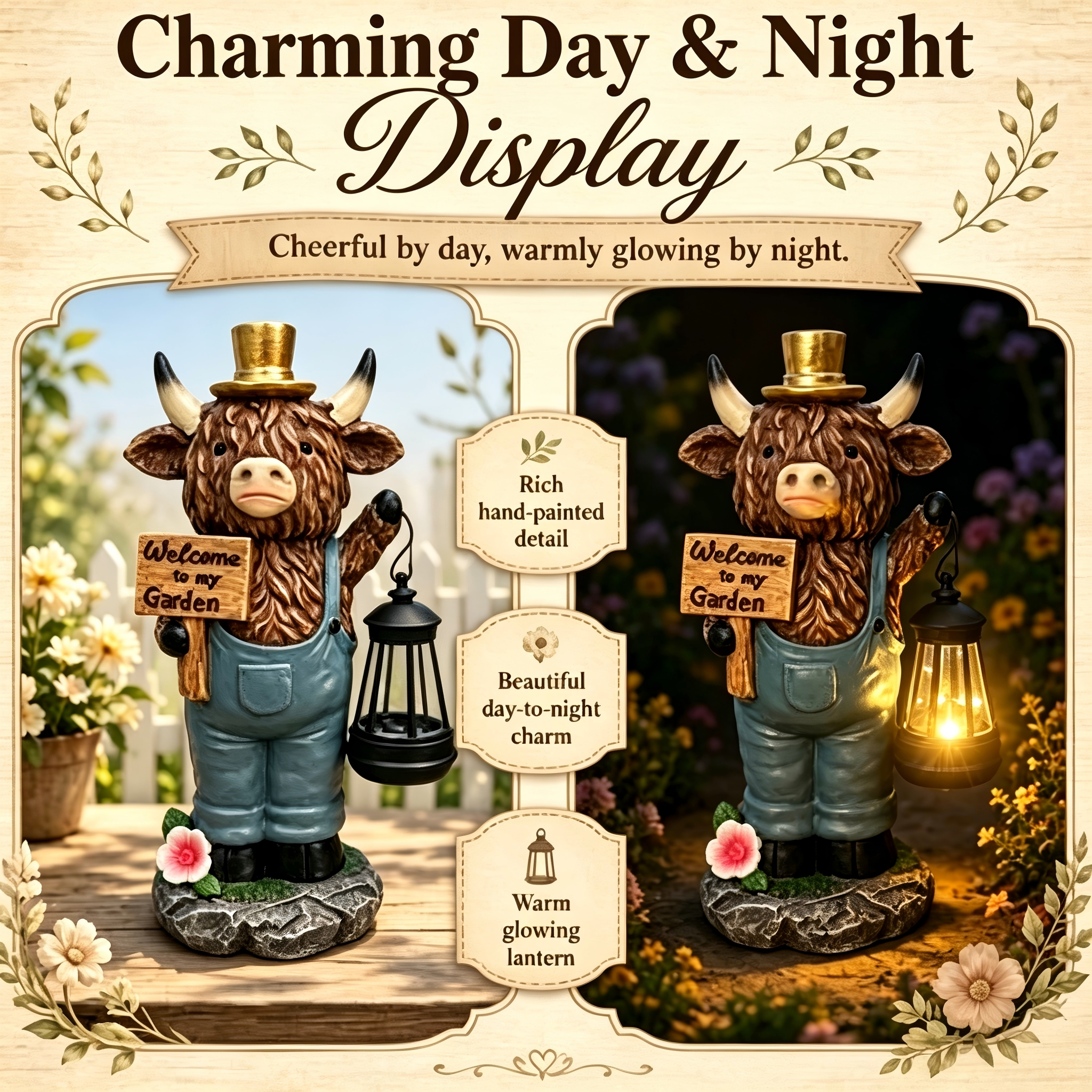 Solar Highland Cow Garden Statue with Lantern Light