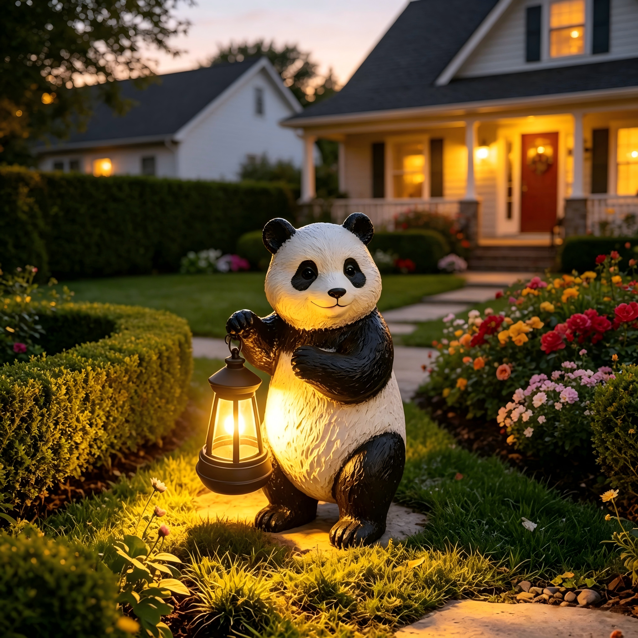 Solar Panda Garden Statue with Lantern Light