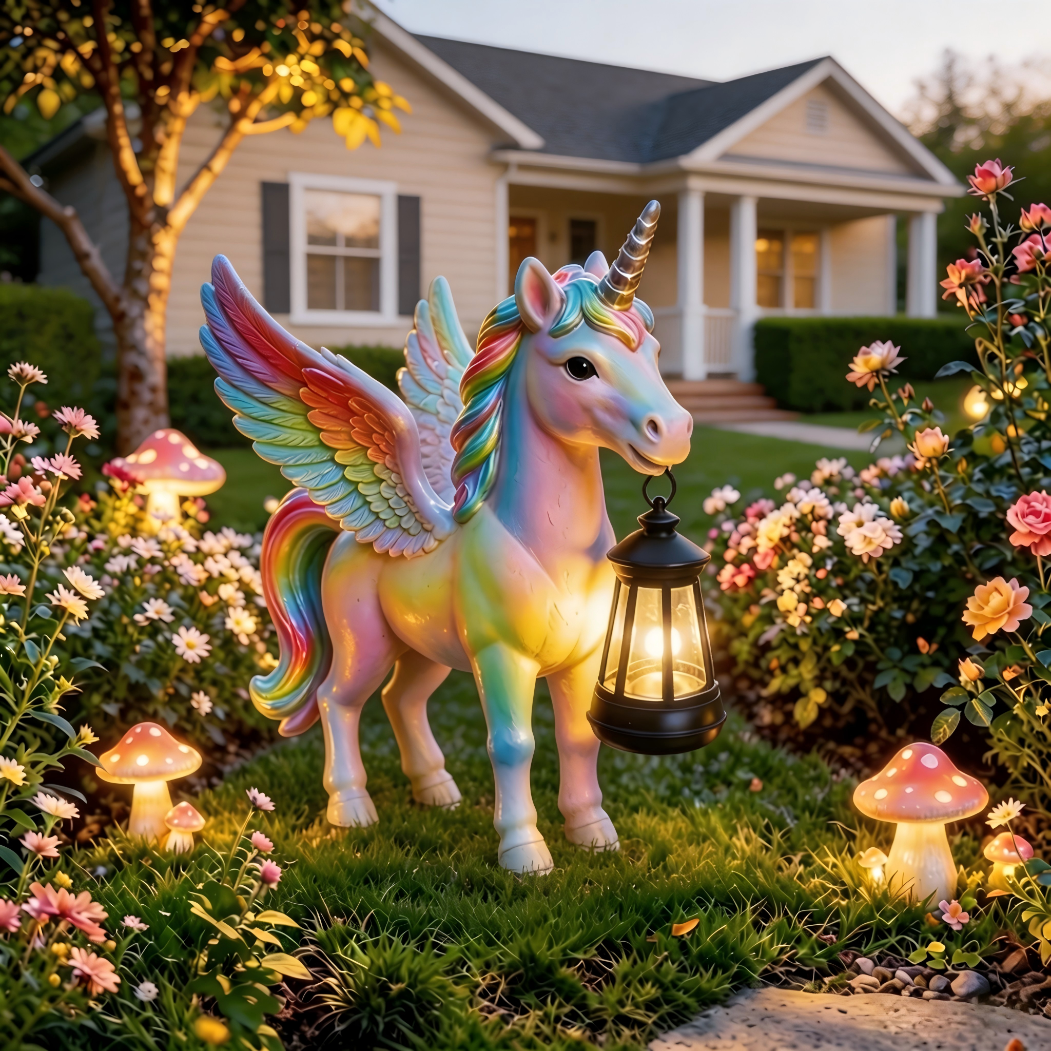 Rainbow Winged Unicorn Solar Garden Statue with Lantern Light | Fairy Tale Outdoor Resin Ornament