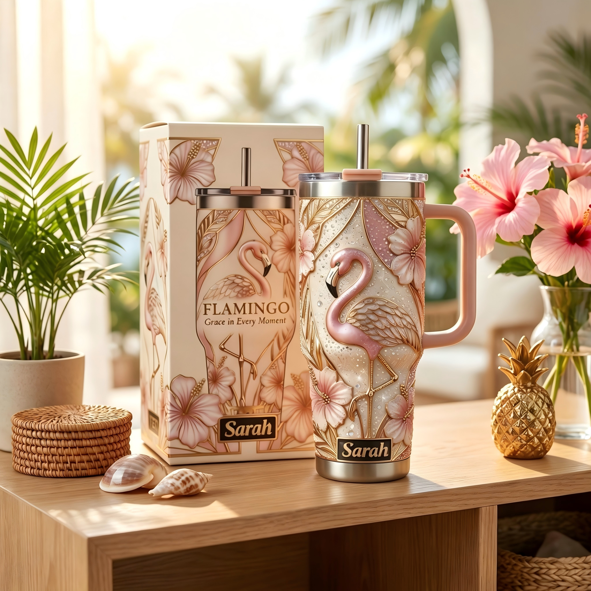 ✨Personalized Pink Flamingo Hibiscus 40oz Handle Tumbler🌺
