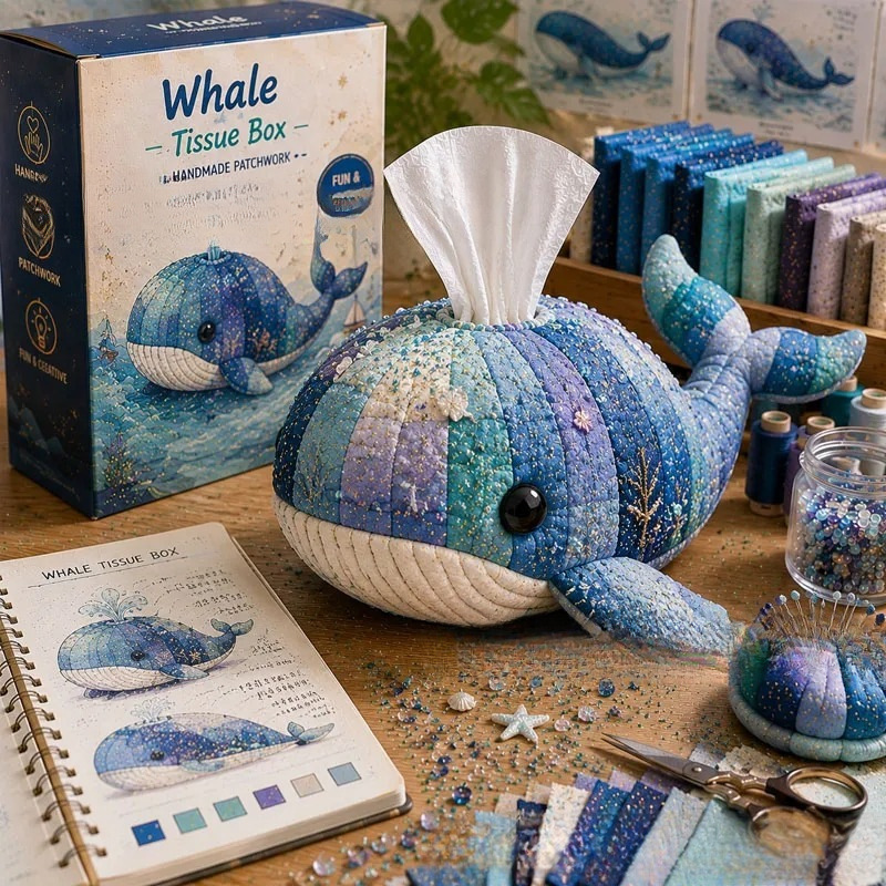 Ocean Animal Patchwork Tissue Box Cover Kit | DIY Handmade Sewing Tissue Holder Gift Set