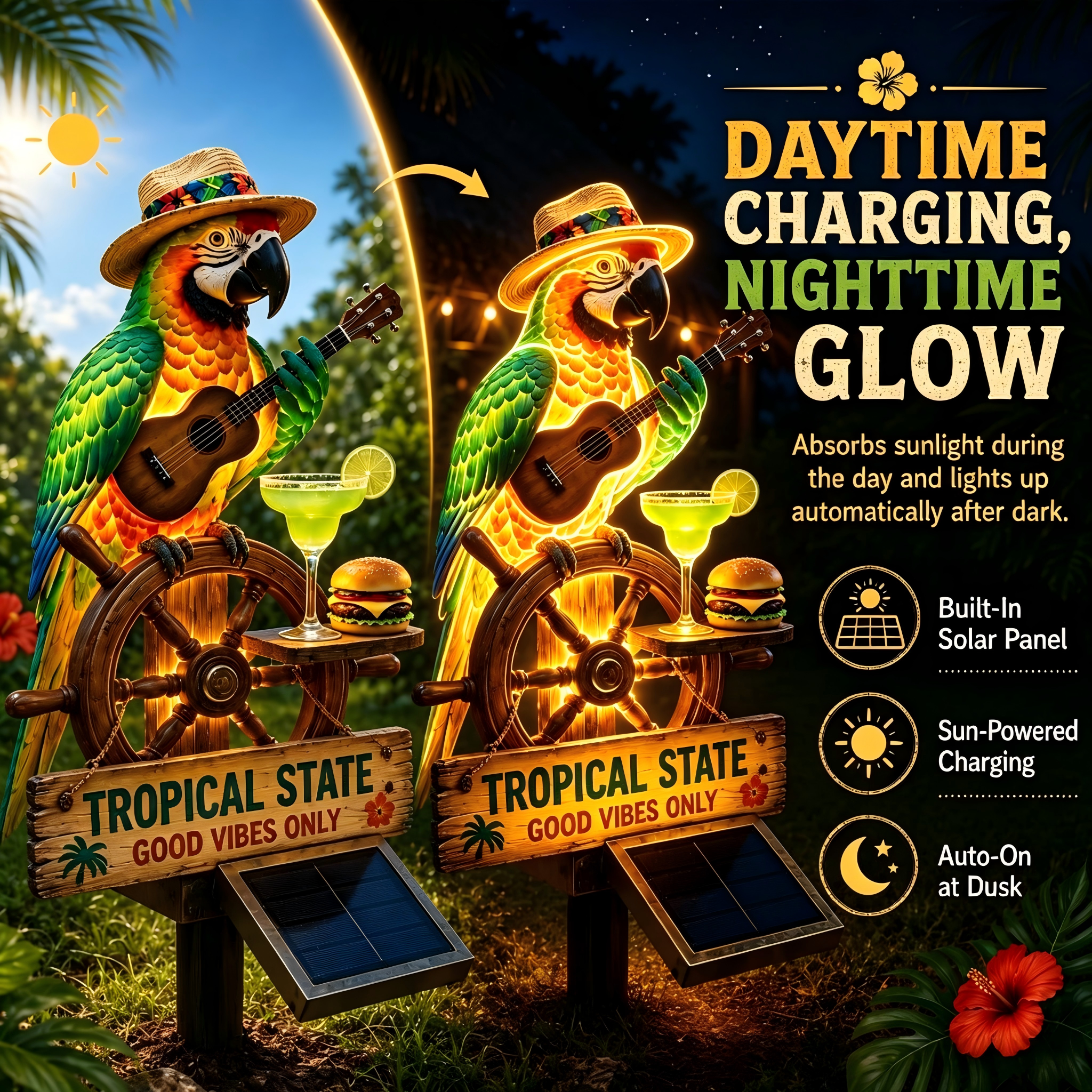 Solar Powered Tropical Parrot Garden Stake Light | Tiki Bar Outdoor LED Lawn Decor