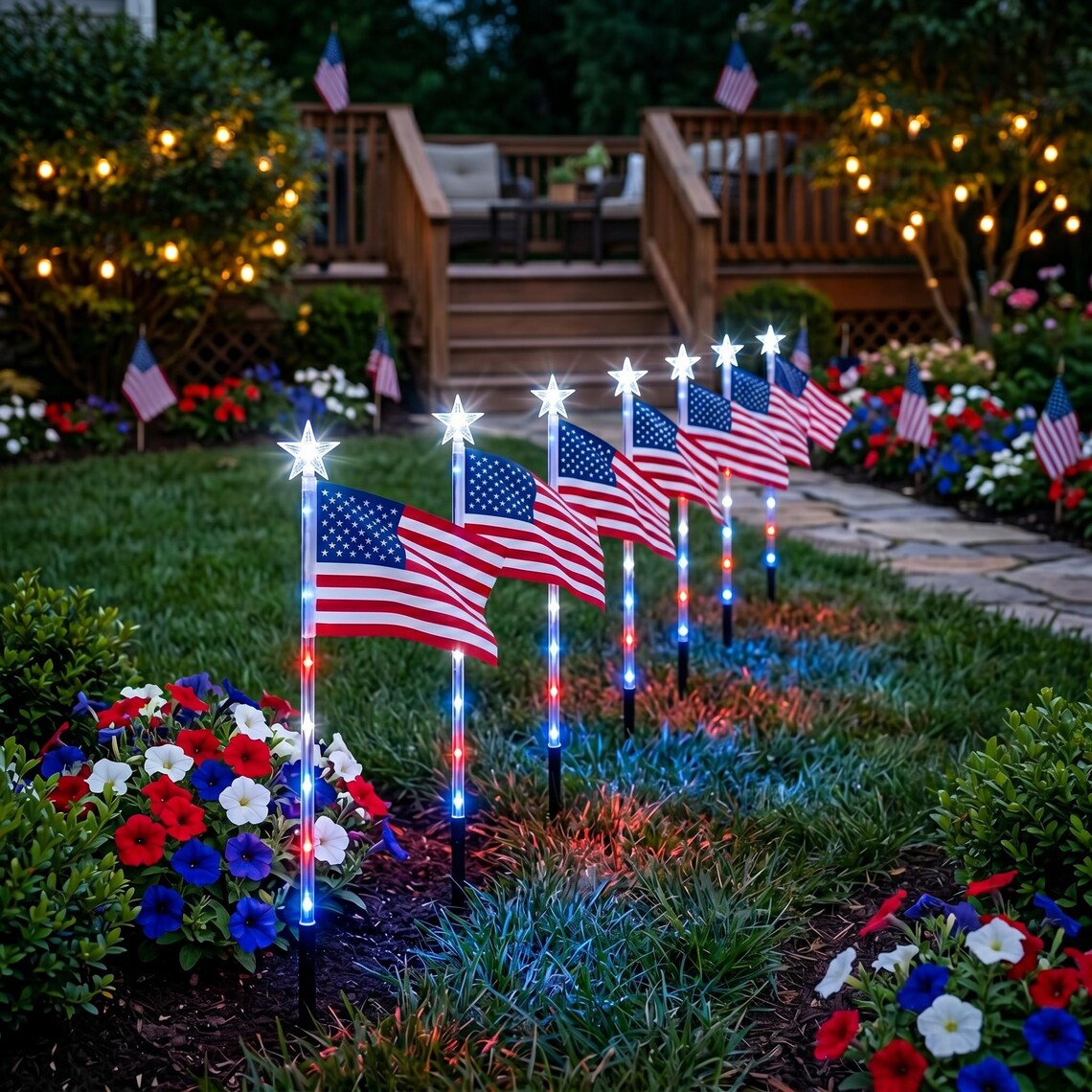 8 Pack Solar American Flag Lights, Waterproof Patriotic Pathway Stakes