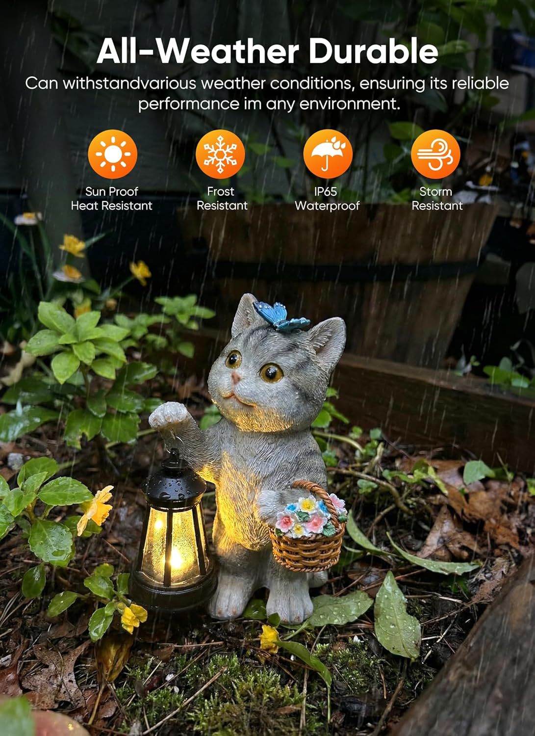Solar Tabby Cat Garden Statue with Lantern Light