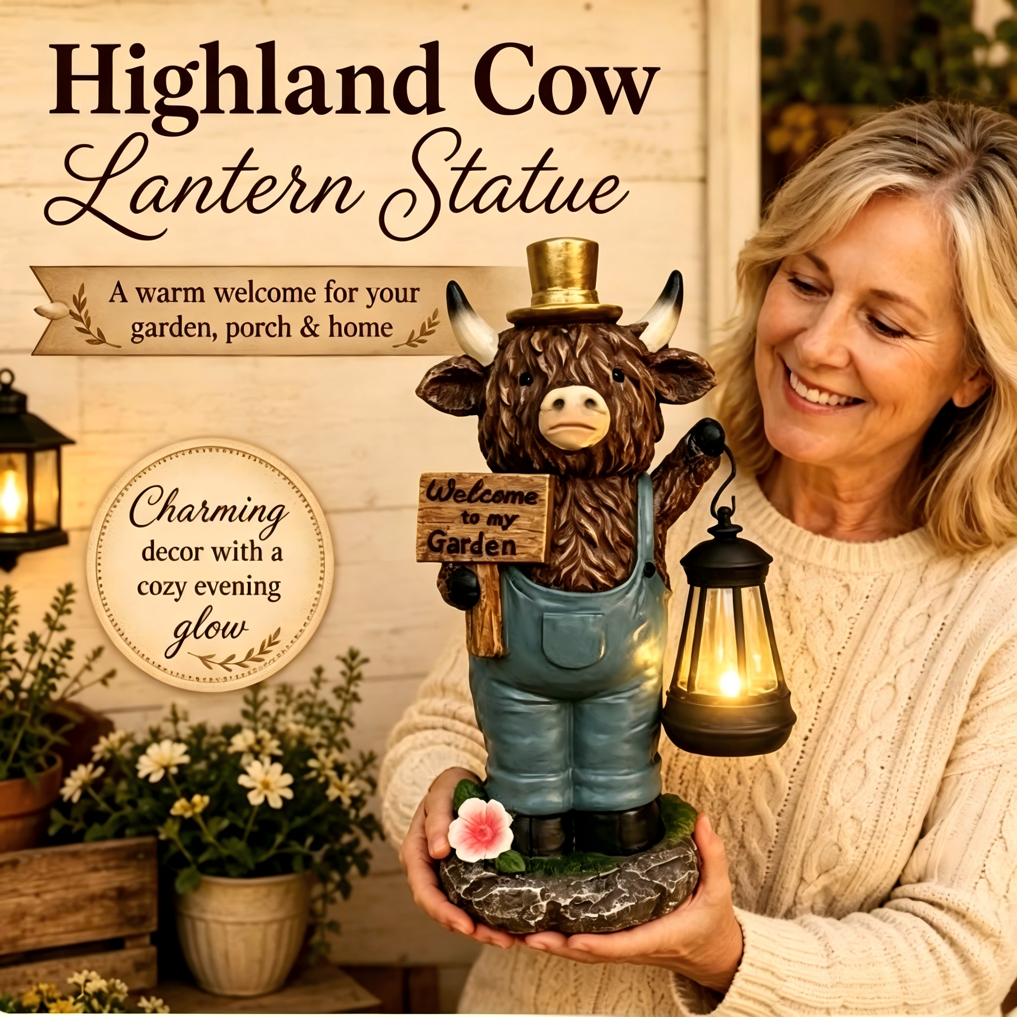 Solar Highland Cow Garden Statue with Lantern Light