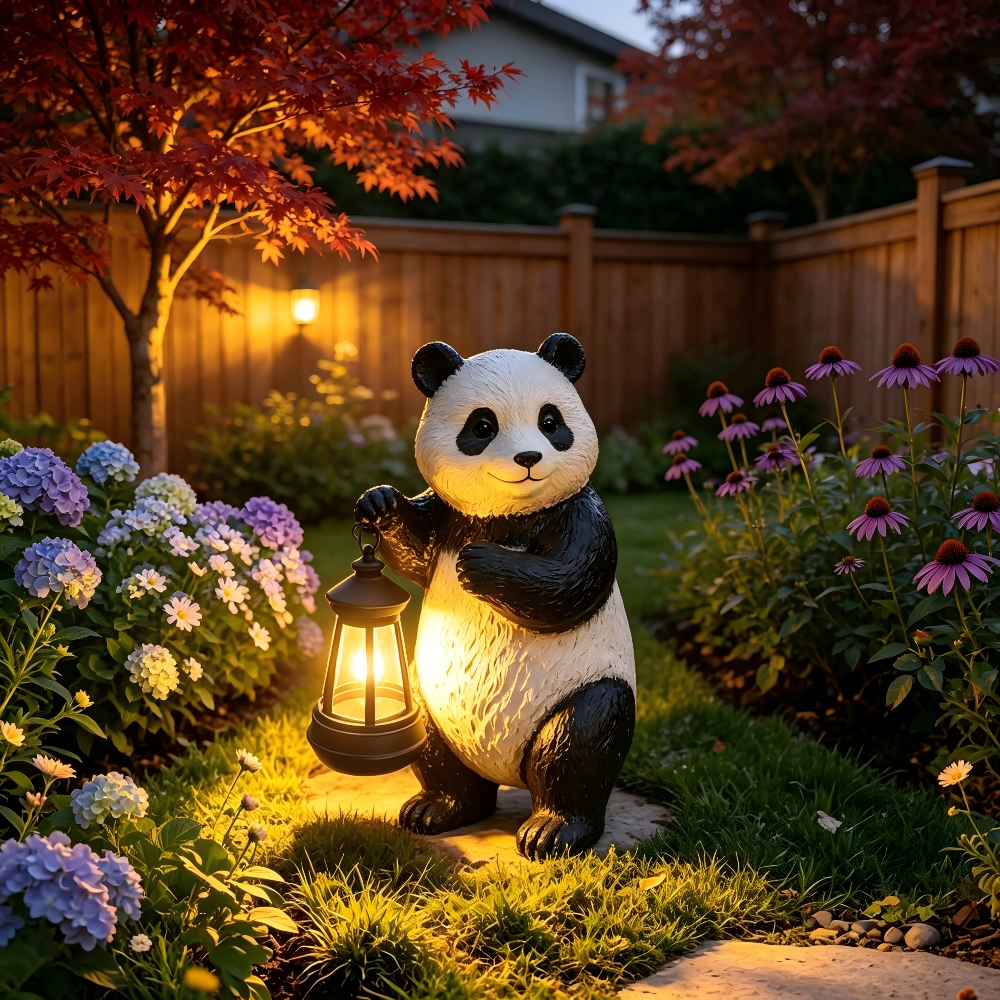 Solar Panda Garden Statue with Lantern Light