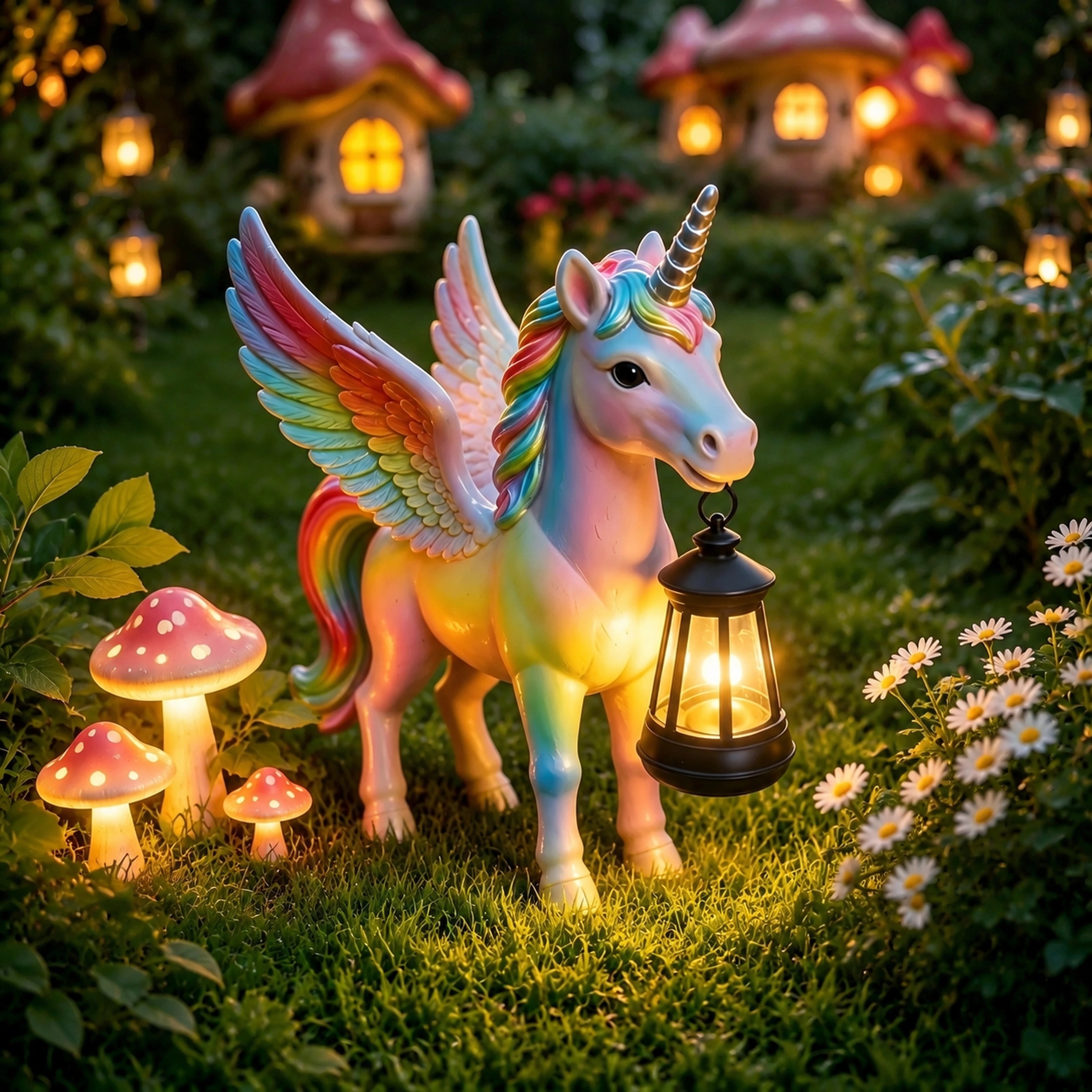 🌈✨Rainbow Winged Unicorn Solar Garden Statue with Lantern Light✨🌈