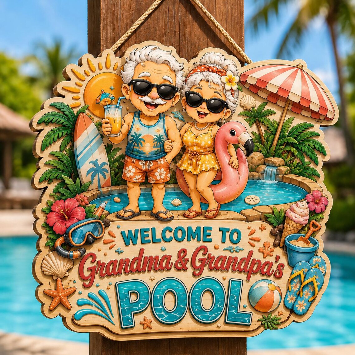 🌴☀️Custom Name Grandma & Grandpa’s Pool Wooden Sign🏊‍♂️