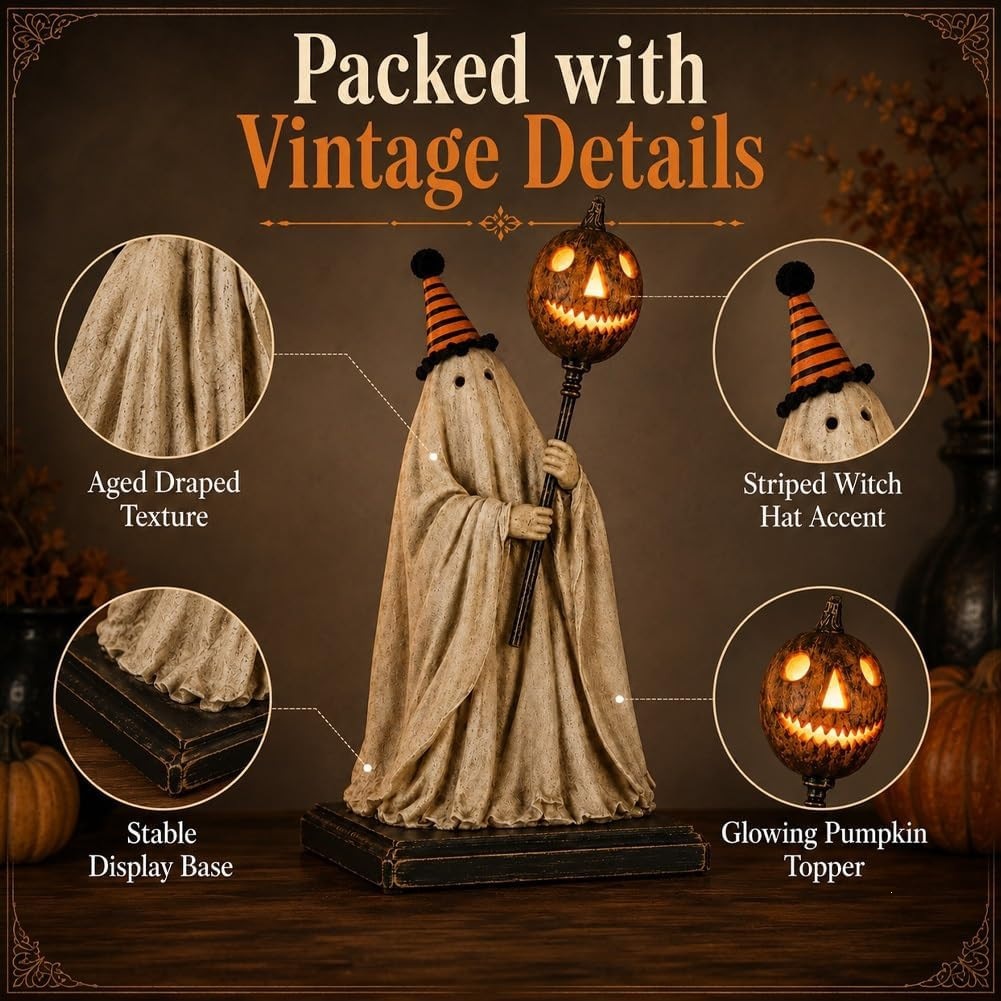 👻🎃Vintage Ghost Statue With Lighted Pumpkin Staff✨