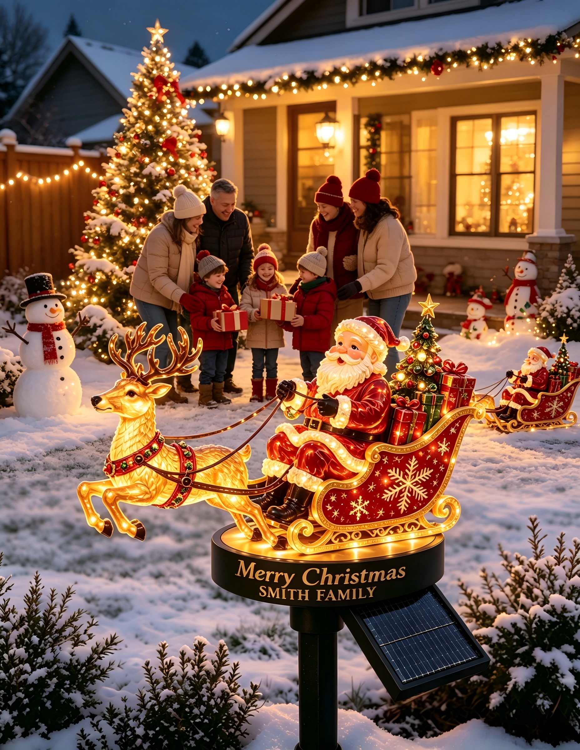 Personalized Santa & Reindeer Sleigh Solar Garden Stake Light 🎅🦌