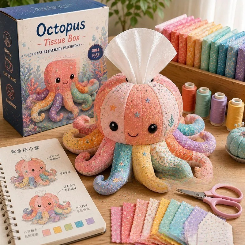Ocean Animal Patchwork Tissue Box Cover Kit | DIY Handmade Sewing Tissue Holder Gift Set