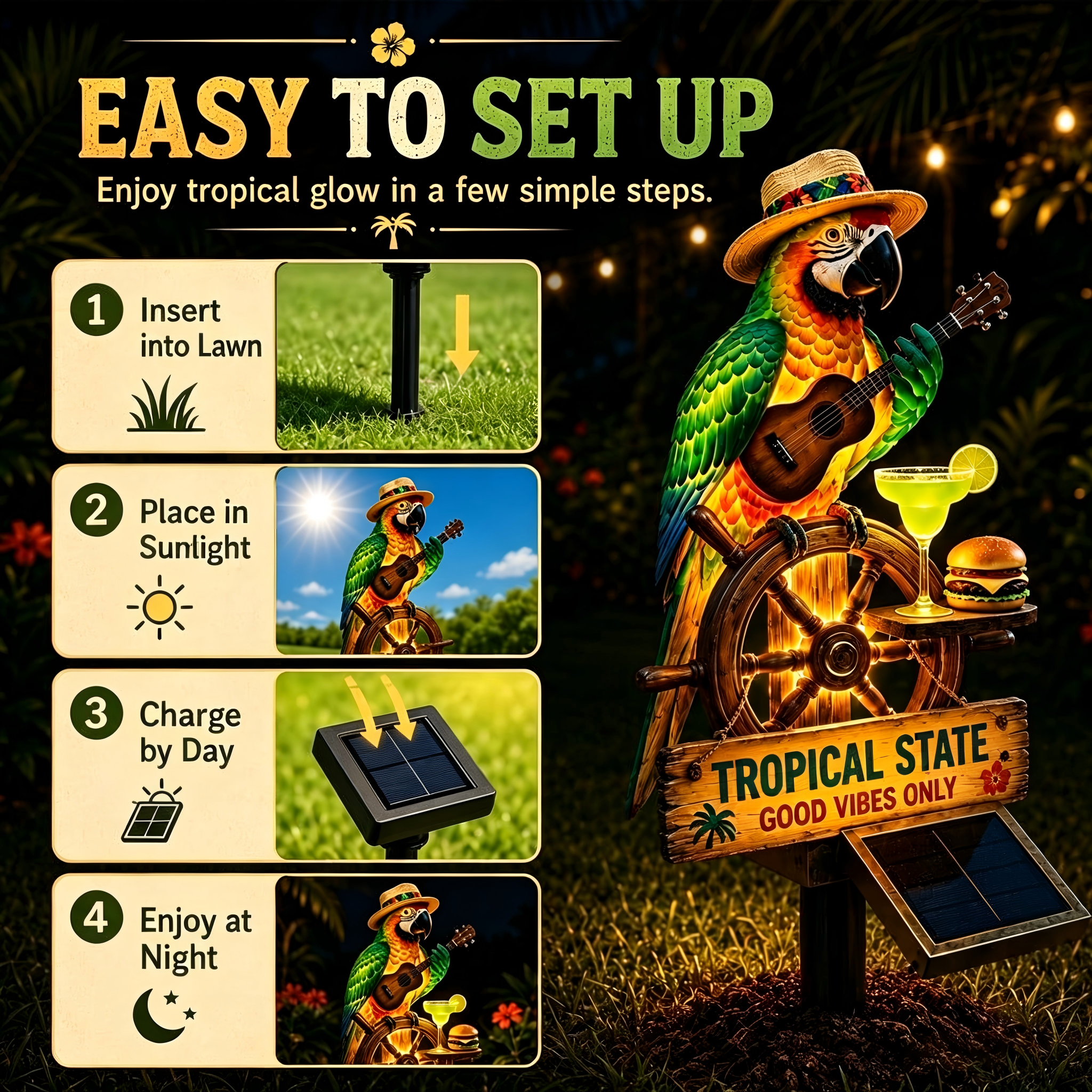 Solar Powered Tropical Parrot Garden Stake Light | Tiki Bar Outdoor LED Lawn Decor