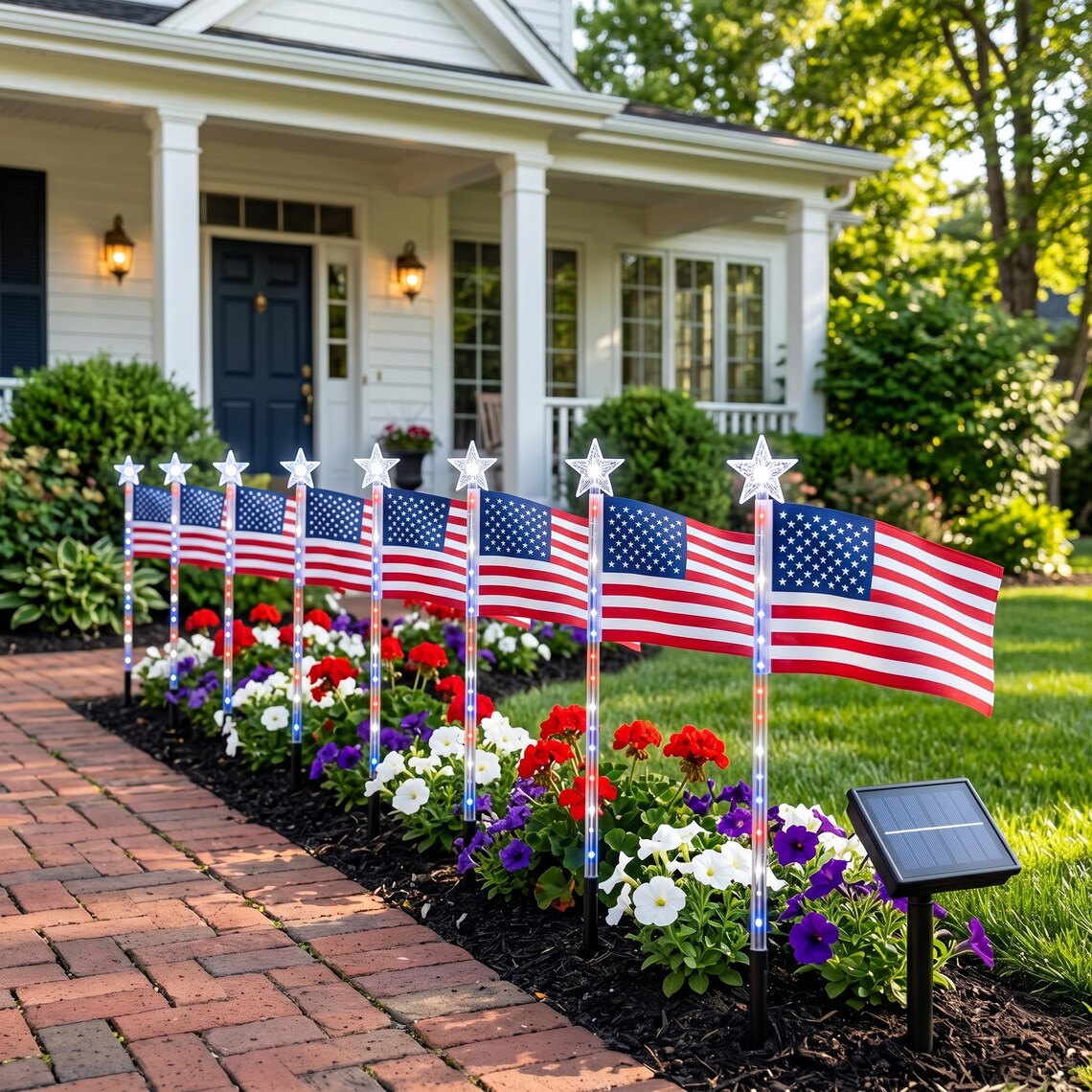 8 Pack Solar American Flag Lights, Waterproof Patriotic Pathway Stakes