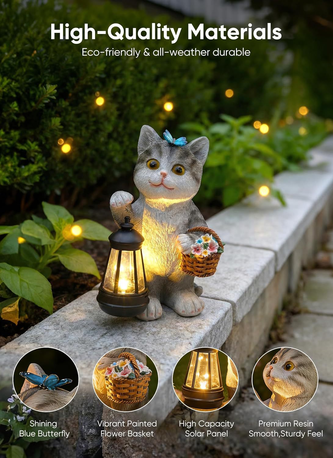 Solar Tabby Cat Garden Statue with Lantern Light