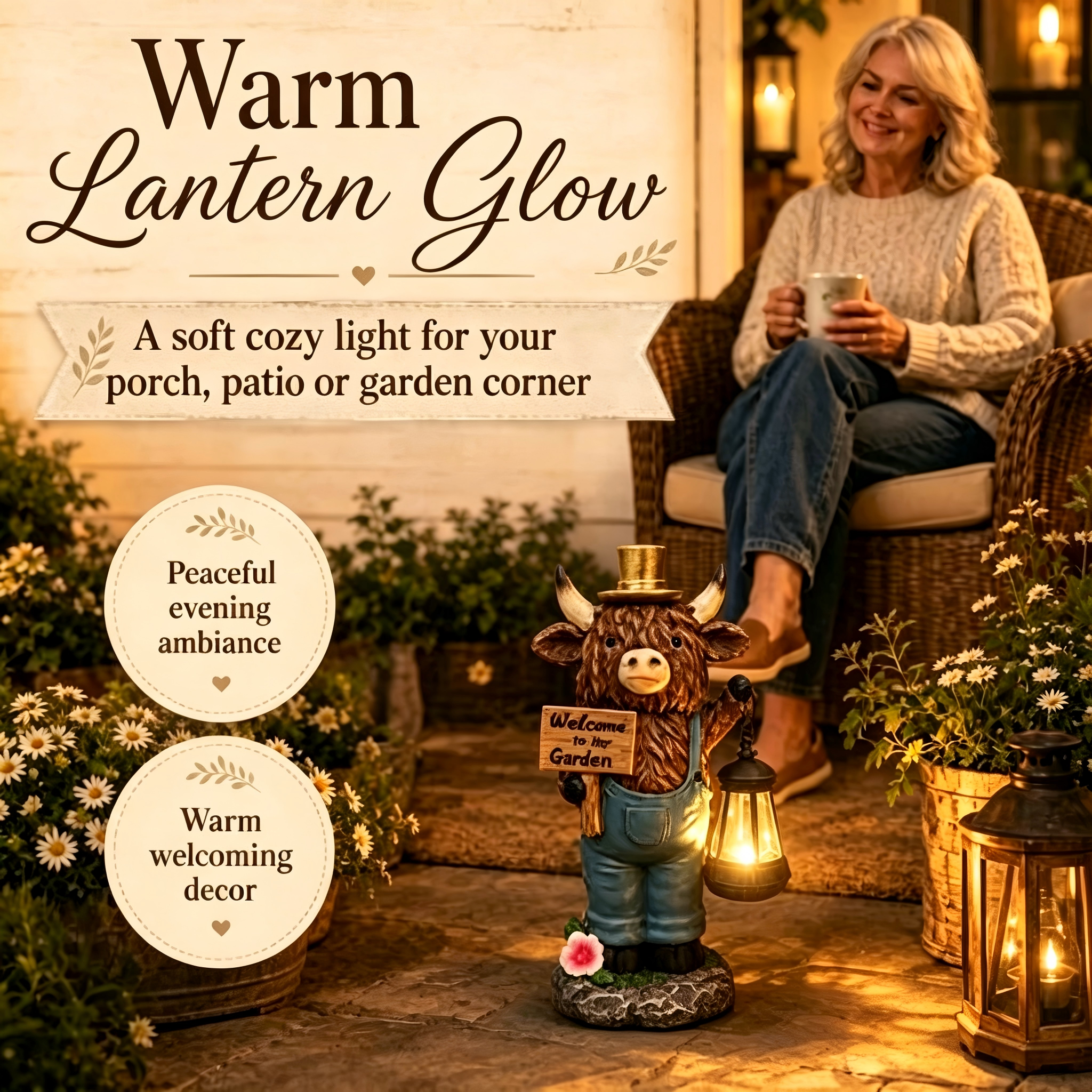 Solar Highland Cow Garden Statue with Lantern Light