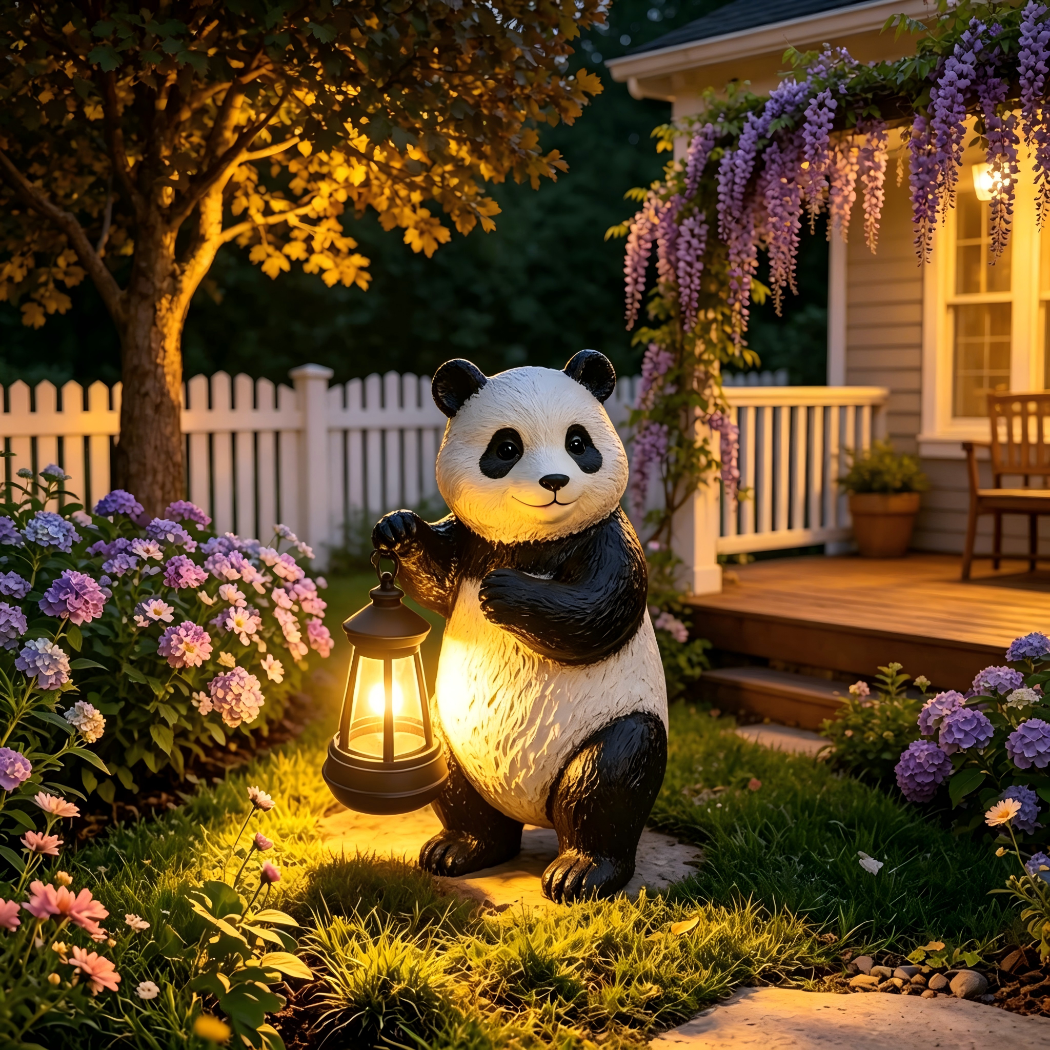 Solar Panda Garden Statue with Lantern Light
