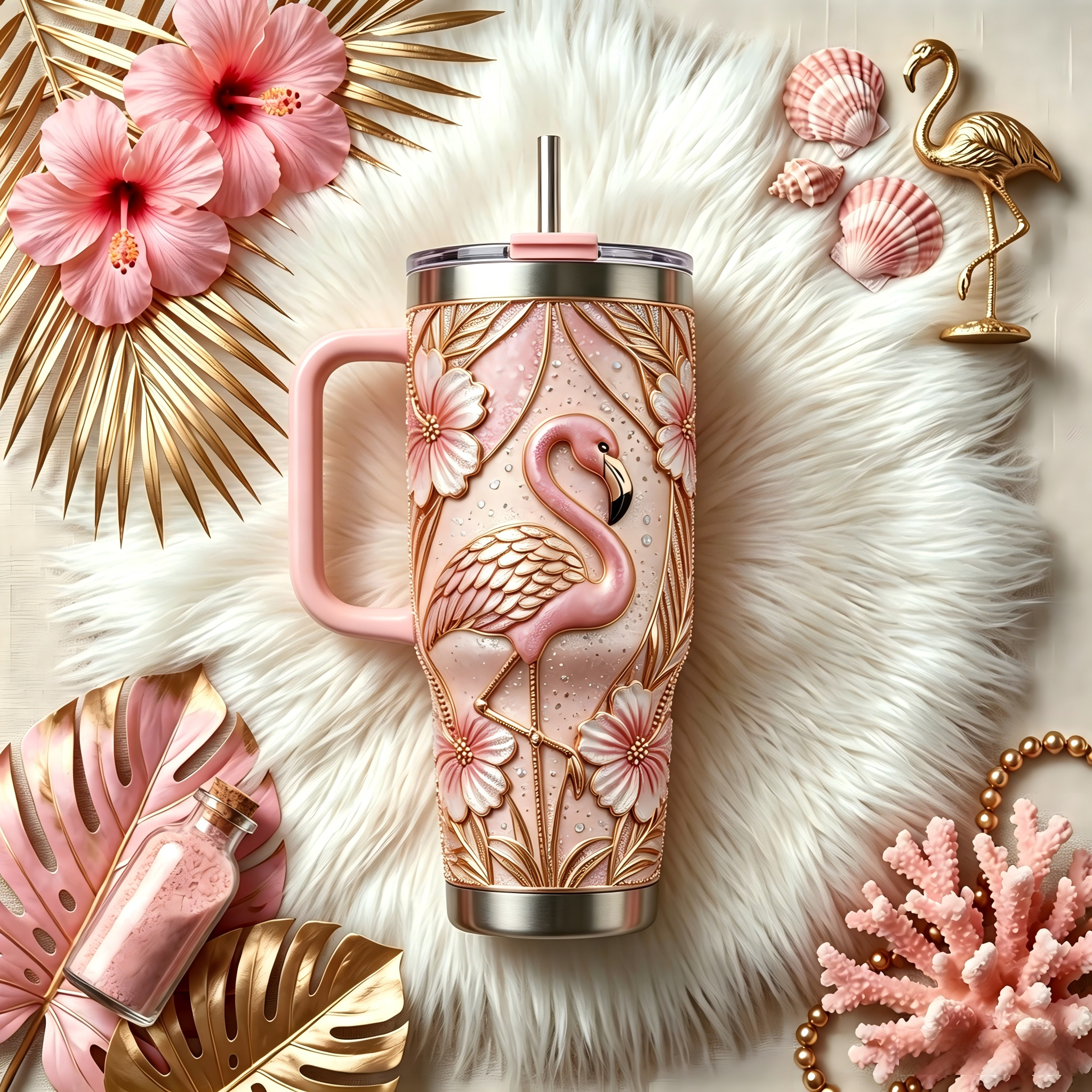 ✨Personalized Pink Flamingo Hibiscus 40oz Handle Tumbler🌺
