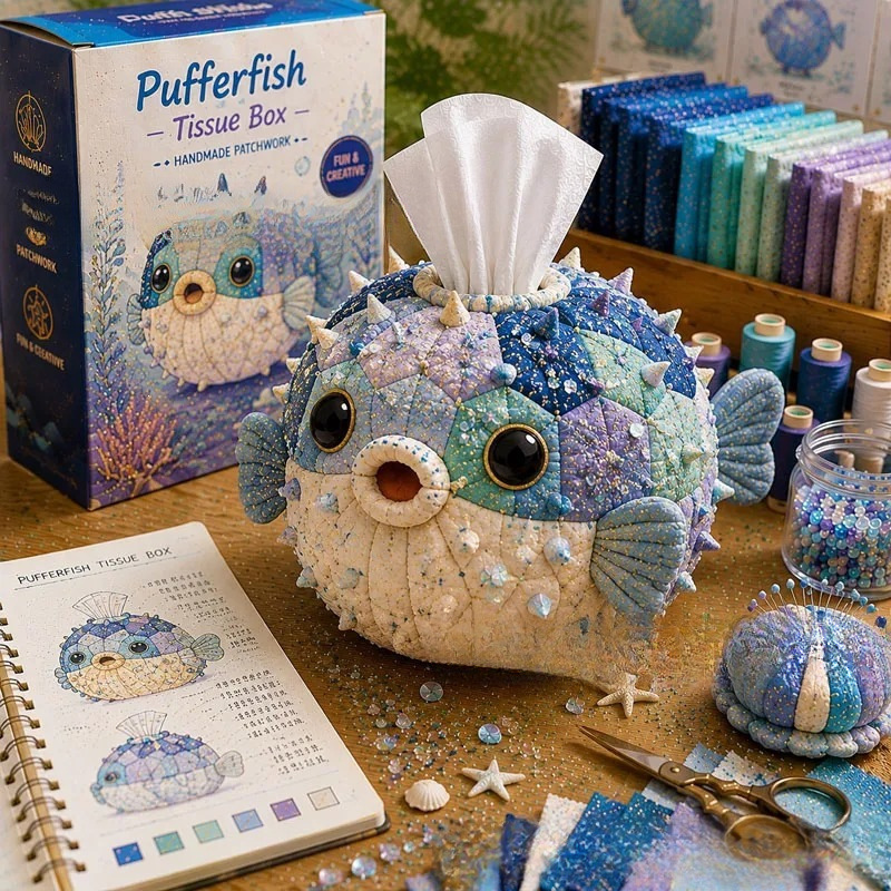Ocean Animal Patchwork Tissue Box Cover Kit | DIY Handmade Sewing Tissue Holder Gift Set