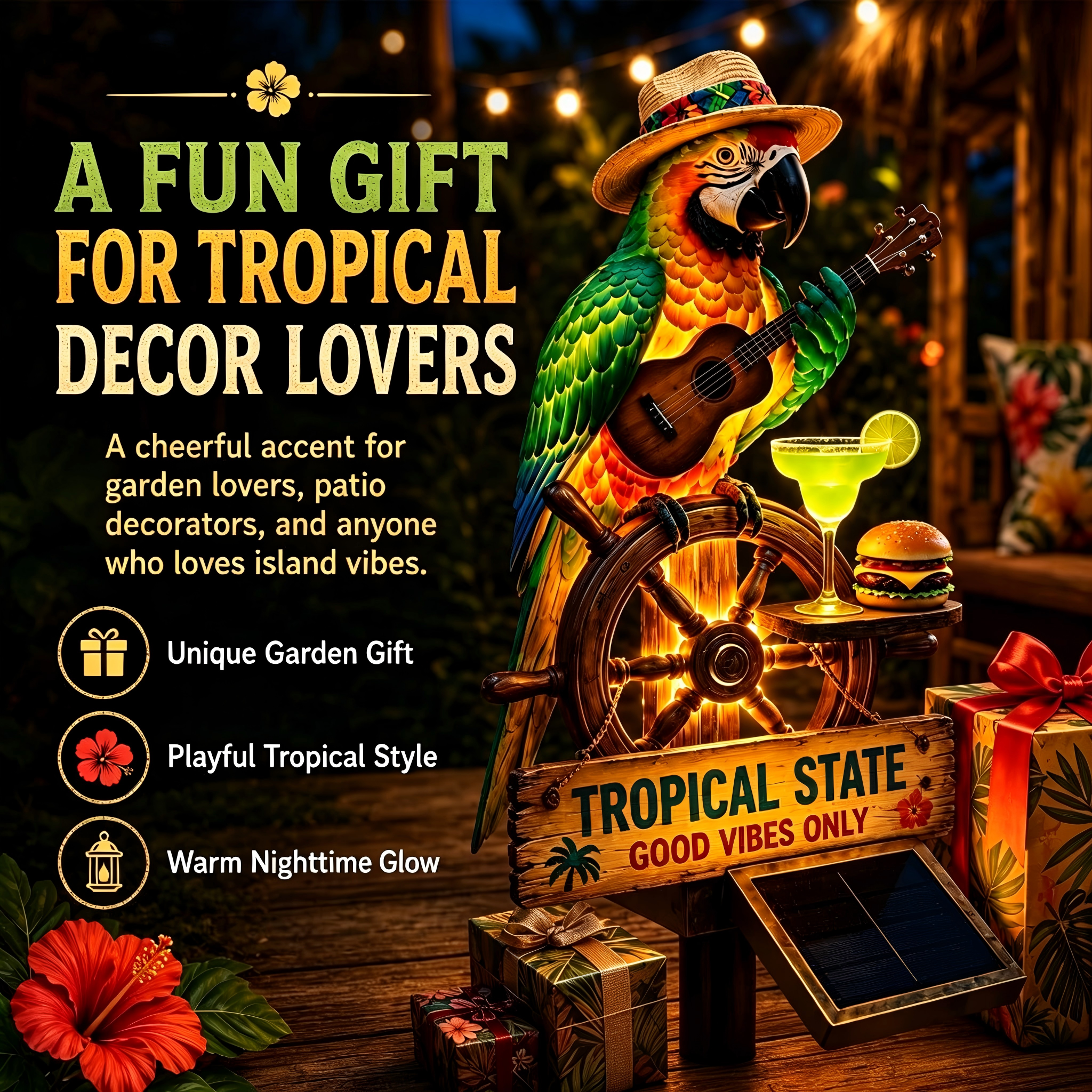 Solar Powered Tropical Parrot Garden Stake Light | Tiki Bar Outdoor LED Lawn Decor