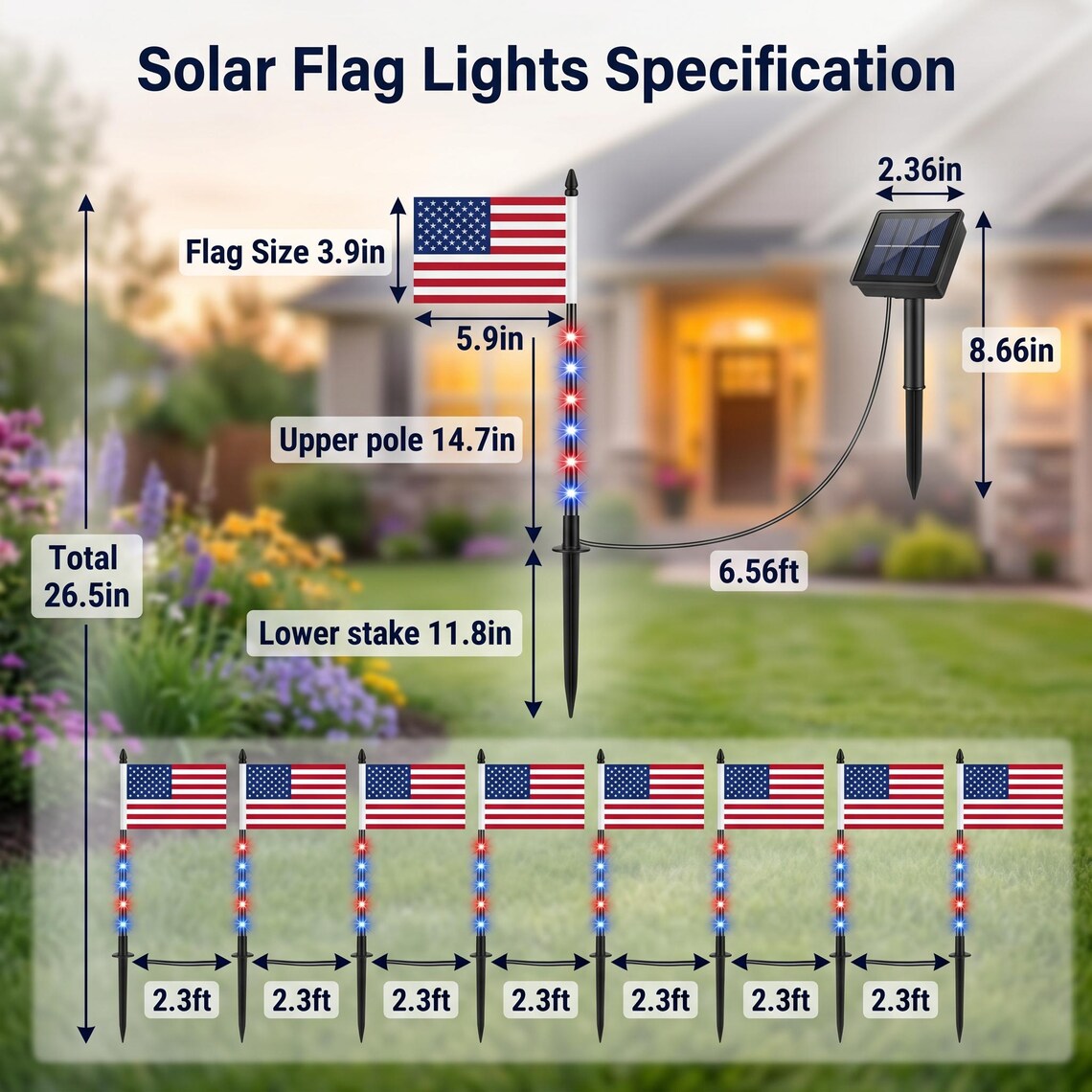 8 Pack Solar American Flag Lights, Waterproof Patriotic Pathway Stakes
