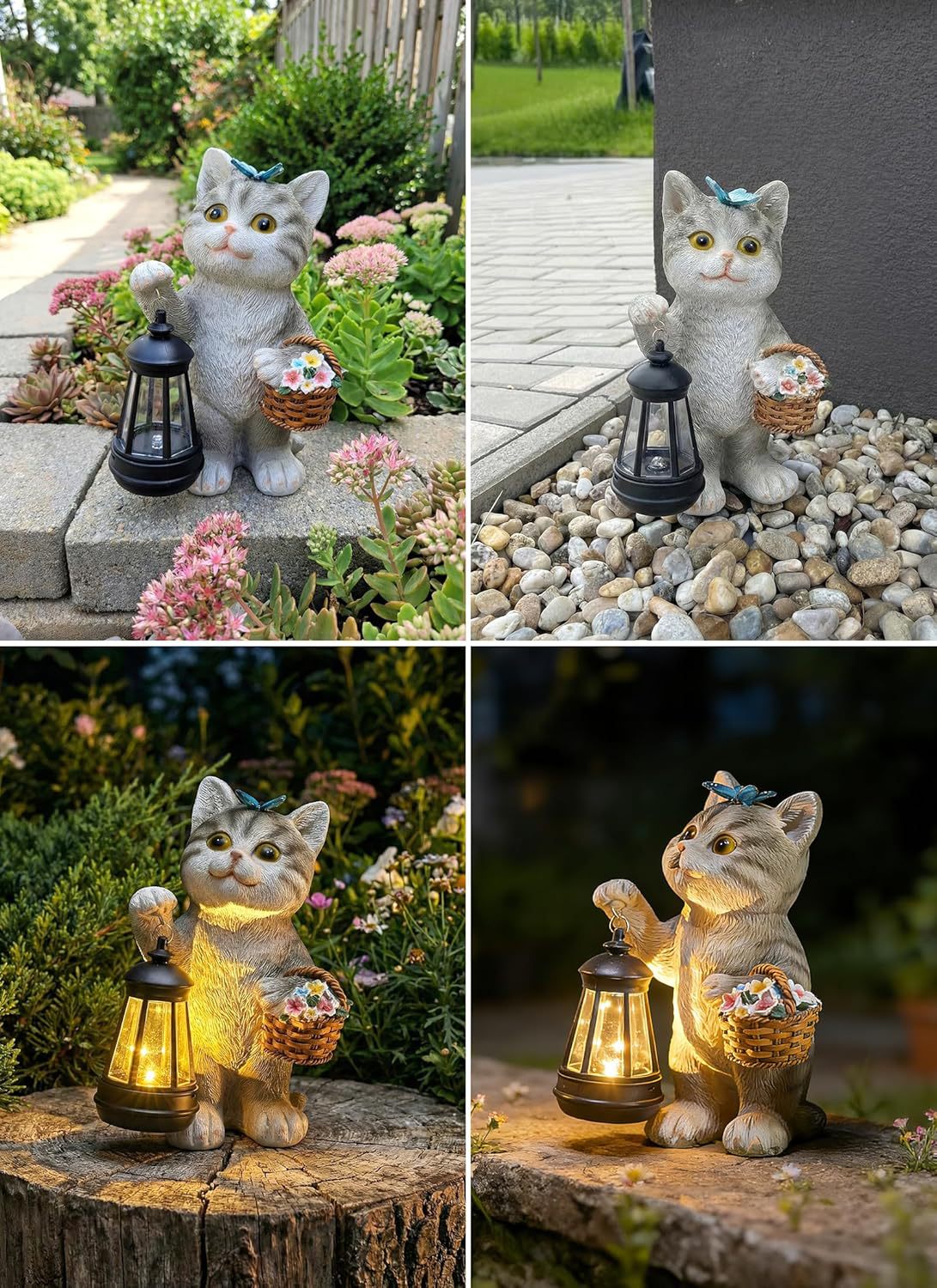 Solar Tabby Cat Garden Statue with Lantern Light