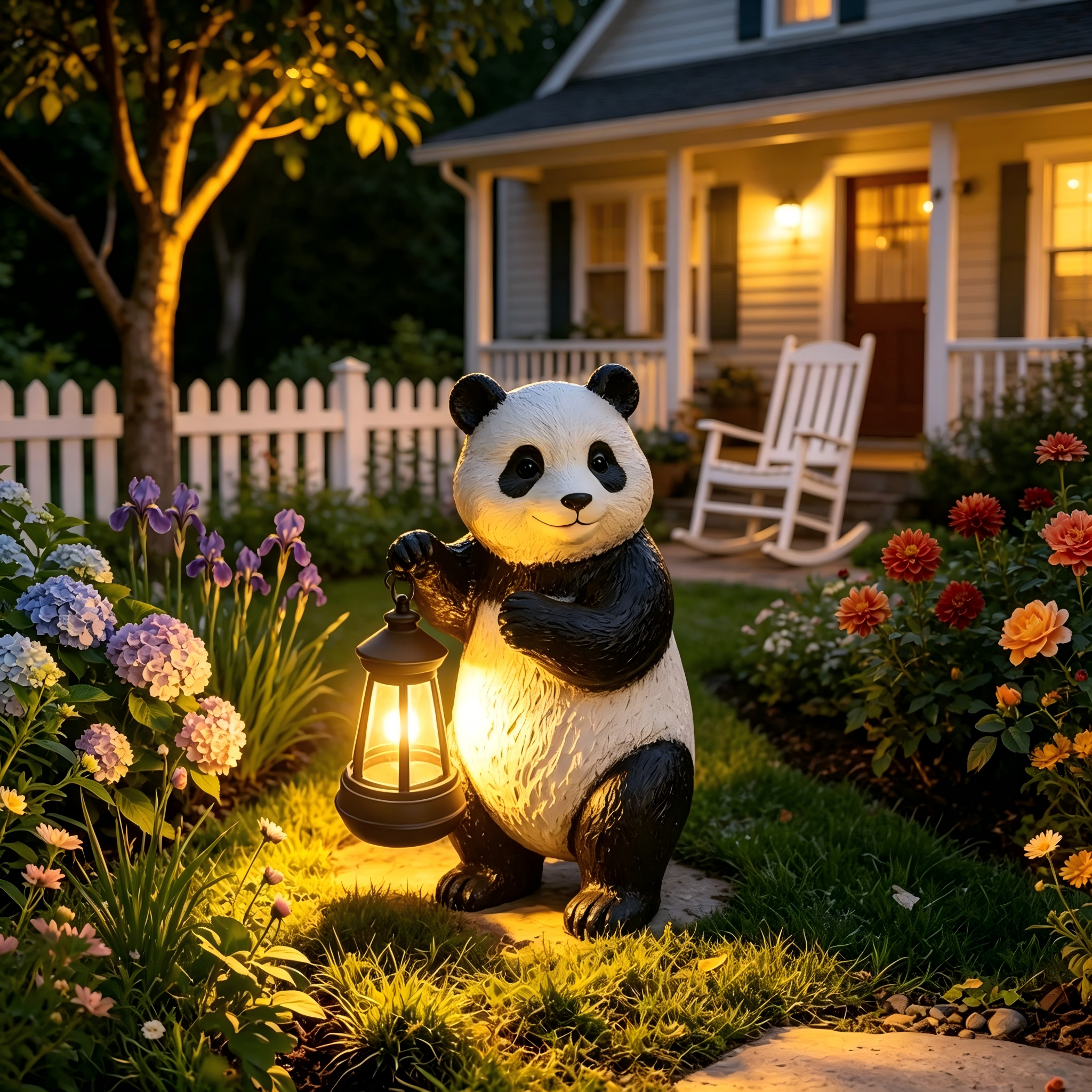 Solar Panda Garden Statue with Lantern Light