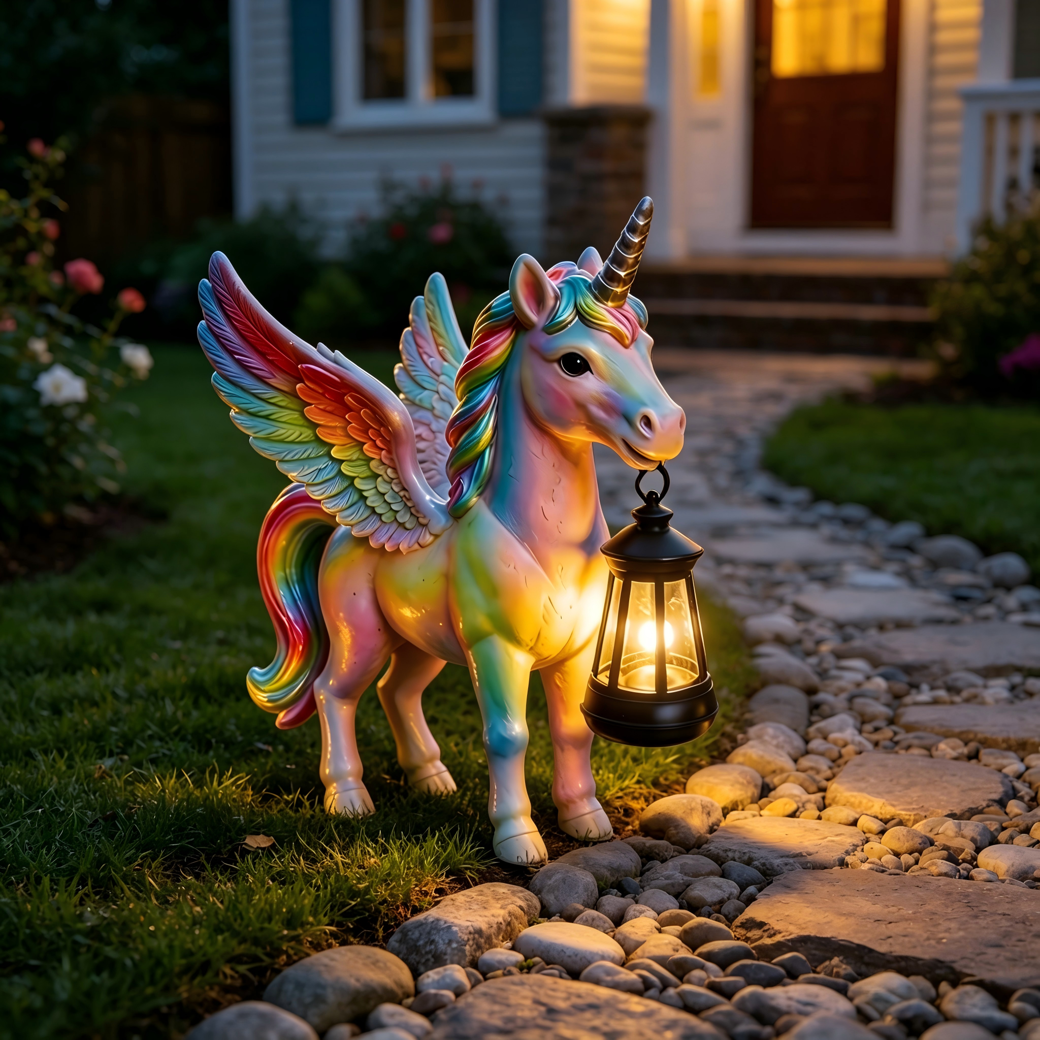 🌈✨Rainbow Winged Unicorn Solar Garden Statue with Lantern Light✨🌈