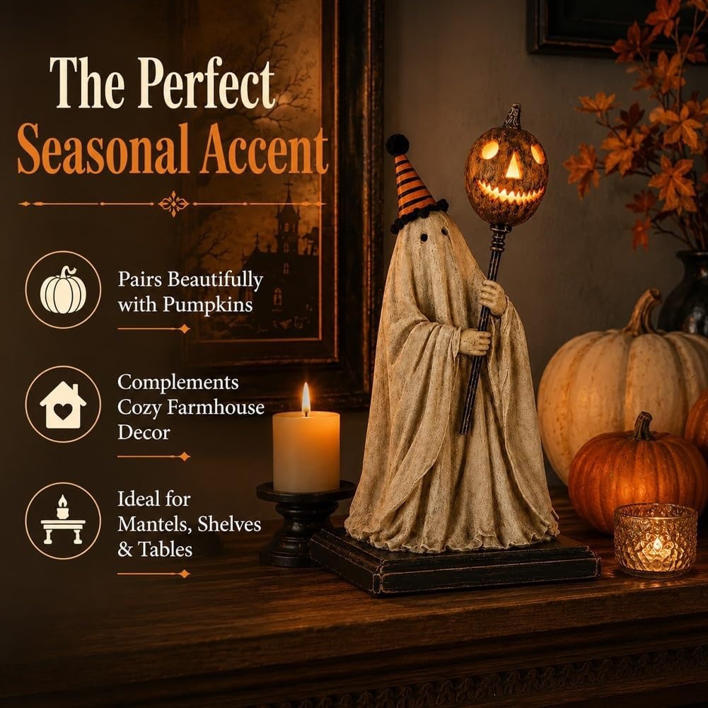 👻🎃Vintage Ghost Statue With Lighted Pumpkin Staff✨