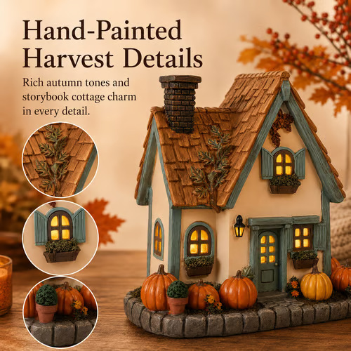 🍂🏡Fall Harvest Lighted Cottage Resin Figurine✨