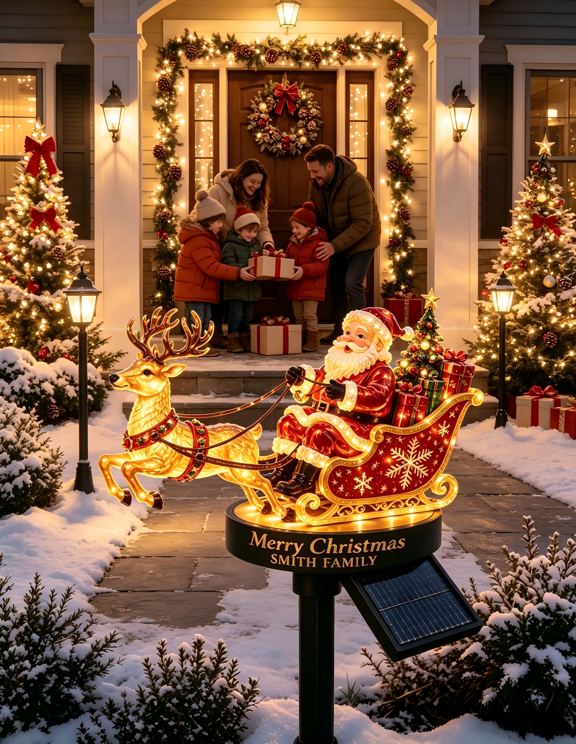Personalized Santa & Reindeer Sleigh Solar Garden Stake Light 🎅🦌