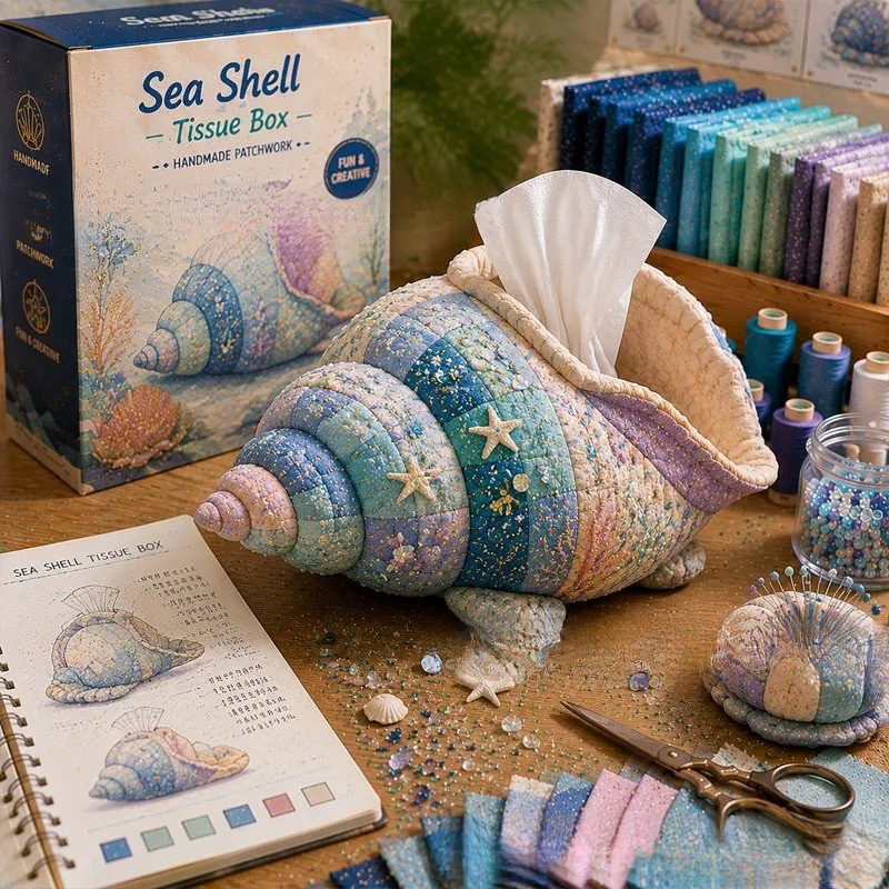 Ocean Animal Patchwork Tissue Box Cover Kit | DIY Handmade Sewing Tissue Holder Gift Set