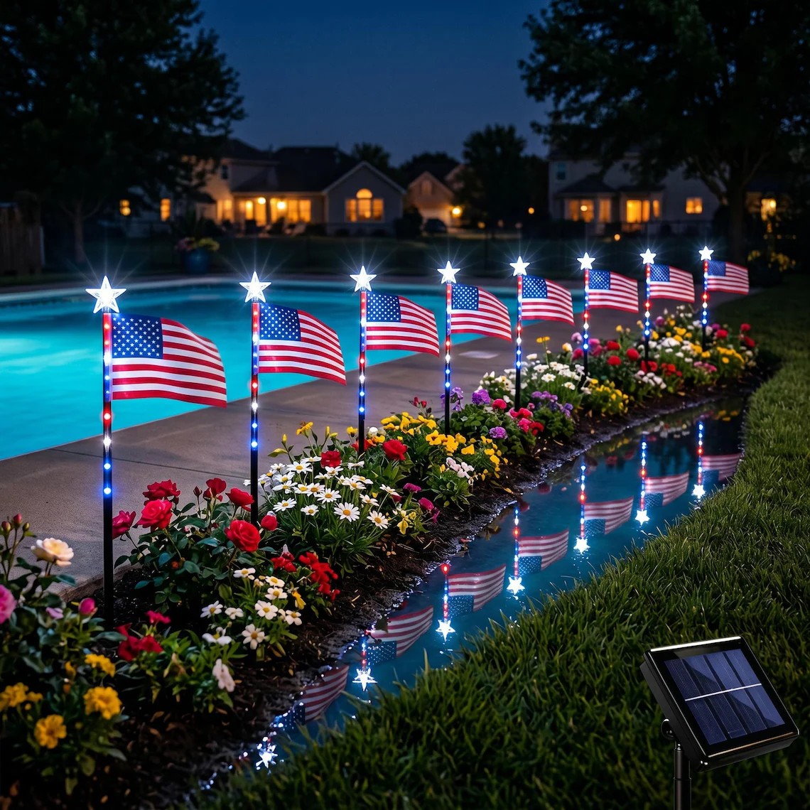8 Pack Solar American Flag Lights, Waterproof Patriotic Pathway Stakes