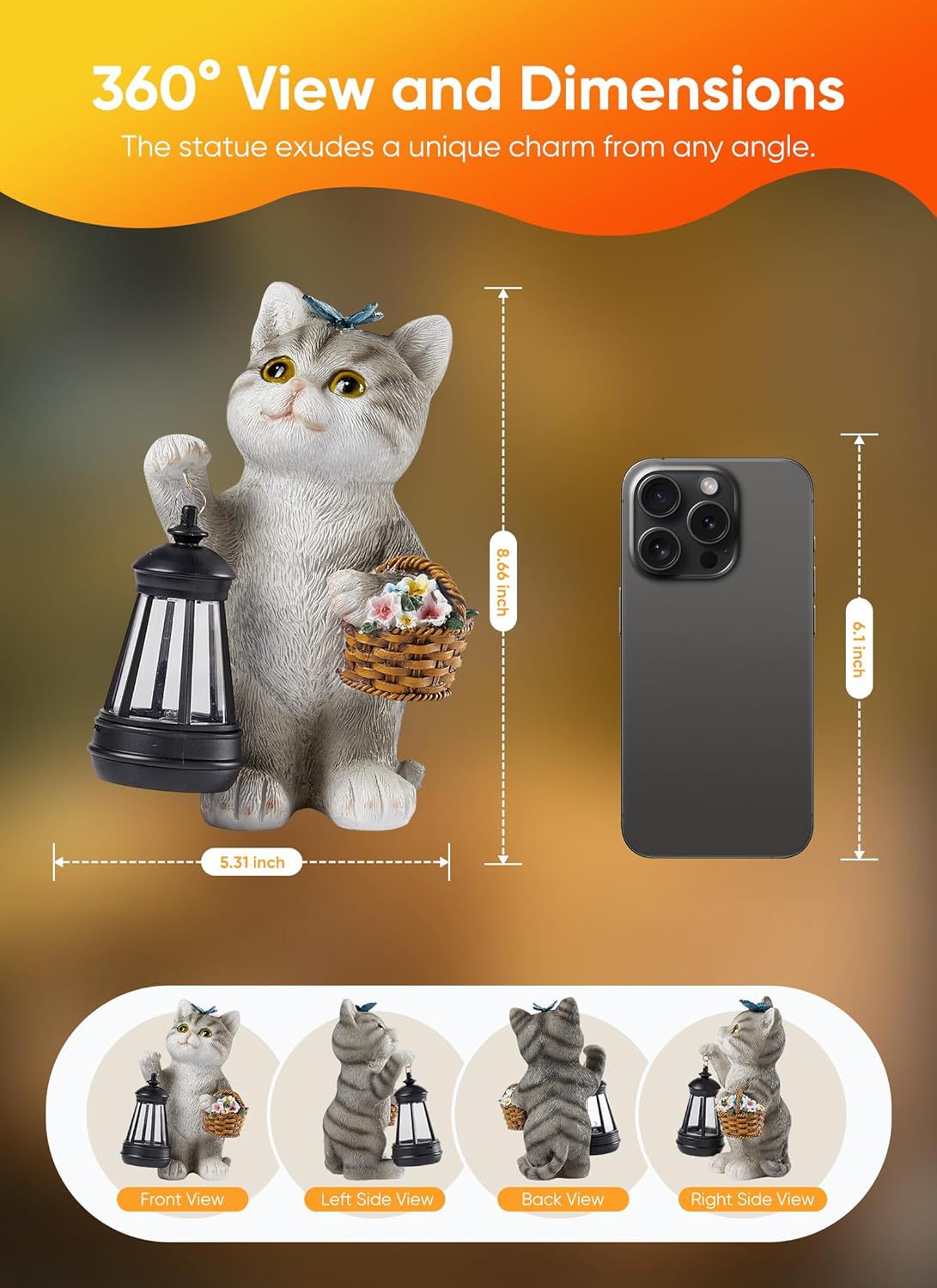 Solar Tabby Cat Garden Statue with Lantern Light