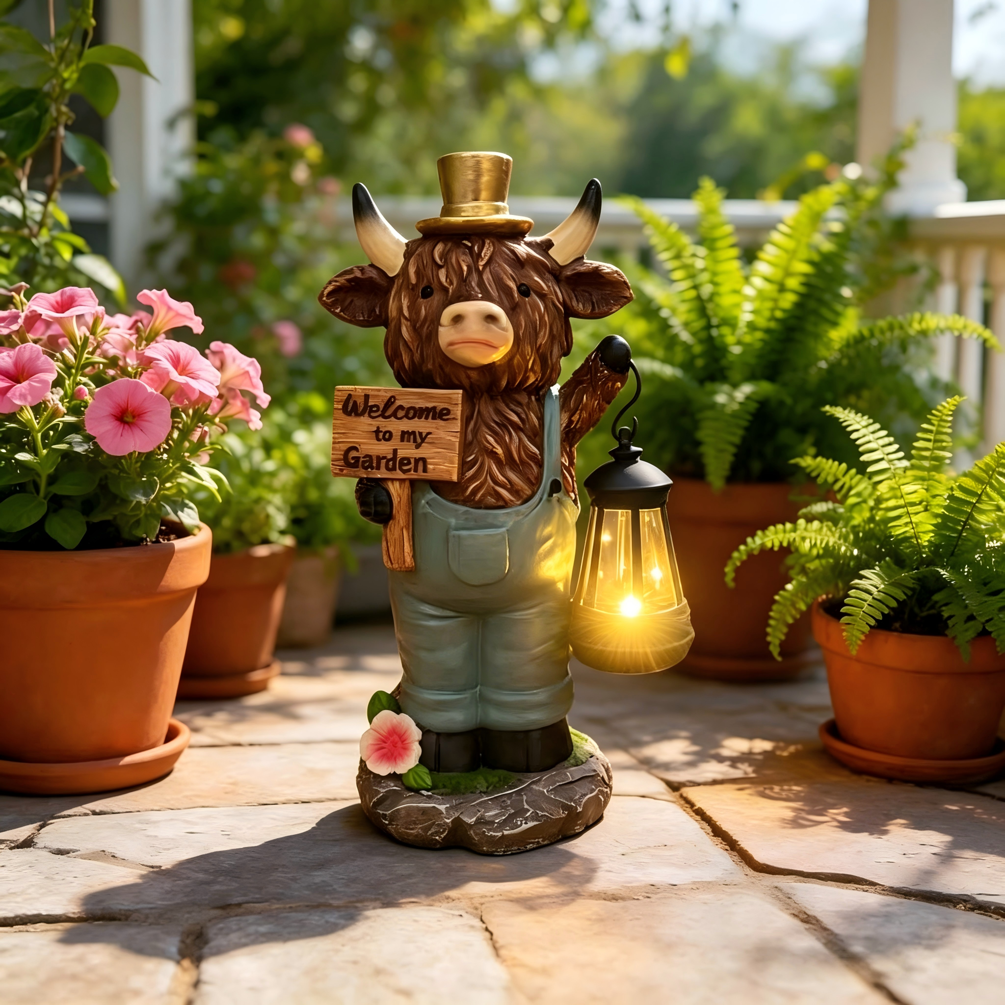 Solar Highland Cow Garden Statue with Lantern Light