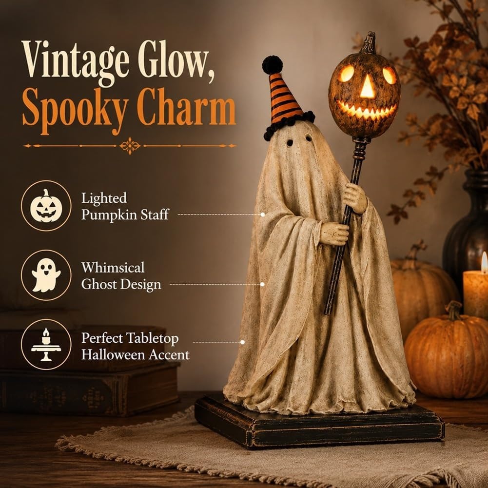 👻🎃Vintage Ghost Statue With Lighted Pumpkin Staff✨