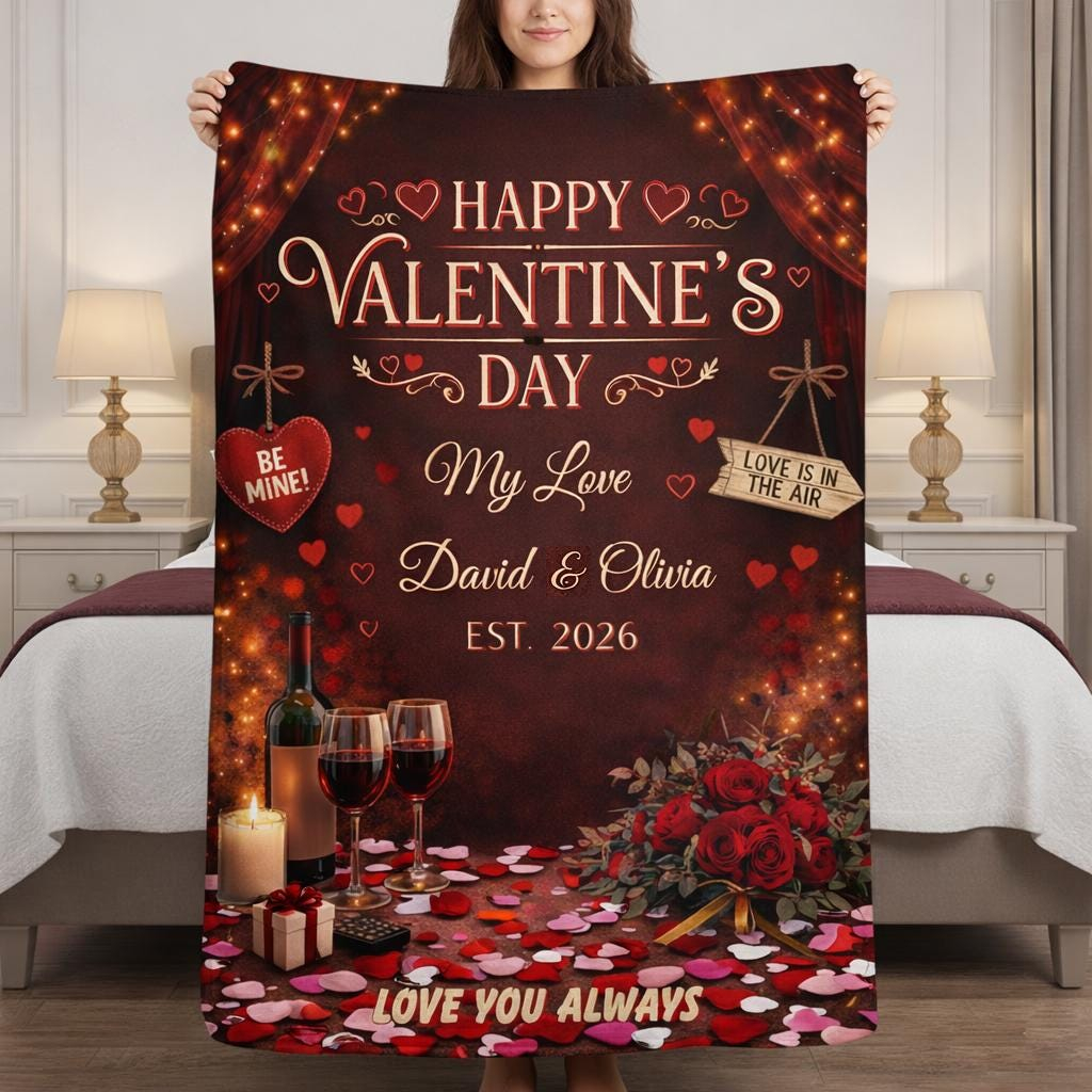 Custom Valentine's Day Fleece Blanket, Personalized Couple Name Anniversary Gift