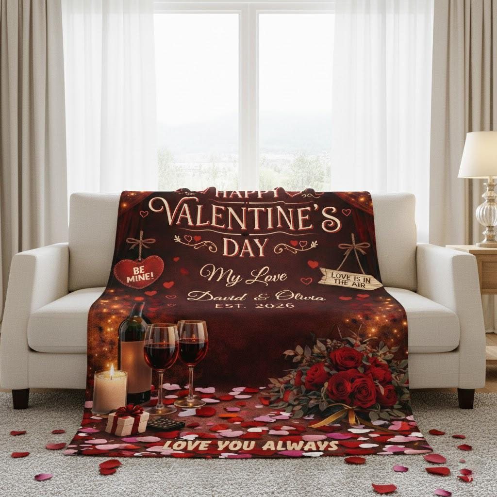 Custom Valentine's Day Fleece Blanket, Personalized Couple Name Anniversary Gift