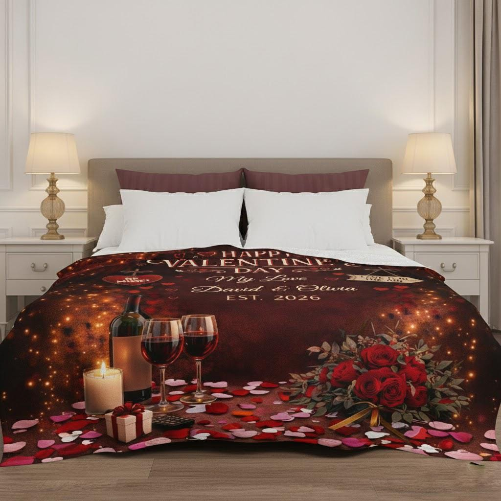 Custom Valentine's Day Fleece Blanket, Personalized Couple Name Anniversary Gift