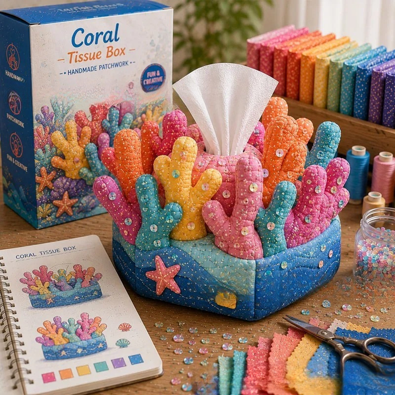 Ocean Animal Patchwork Tissue Box Cover Kit | DIY Handmade Sewing Tissue Holder Gift Set