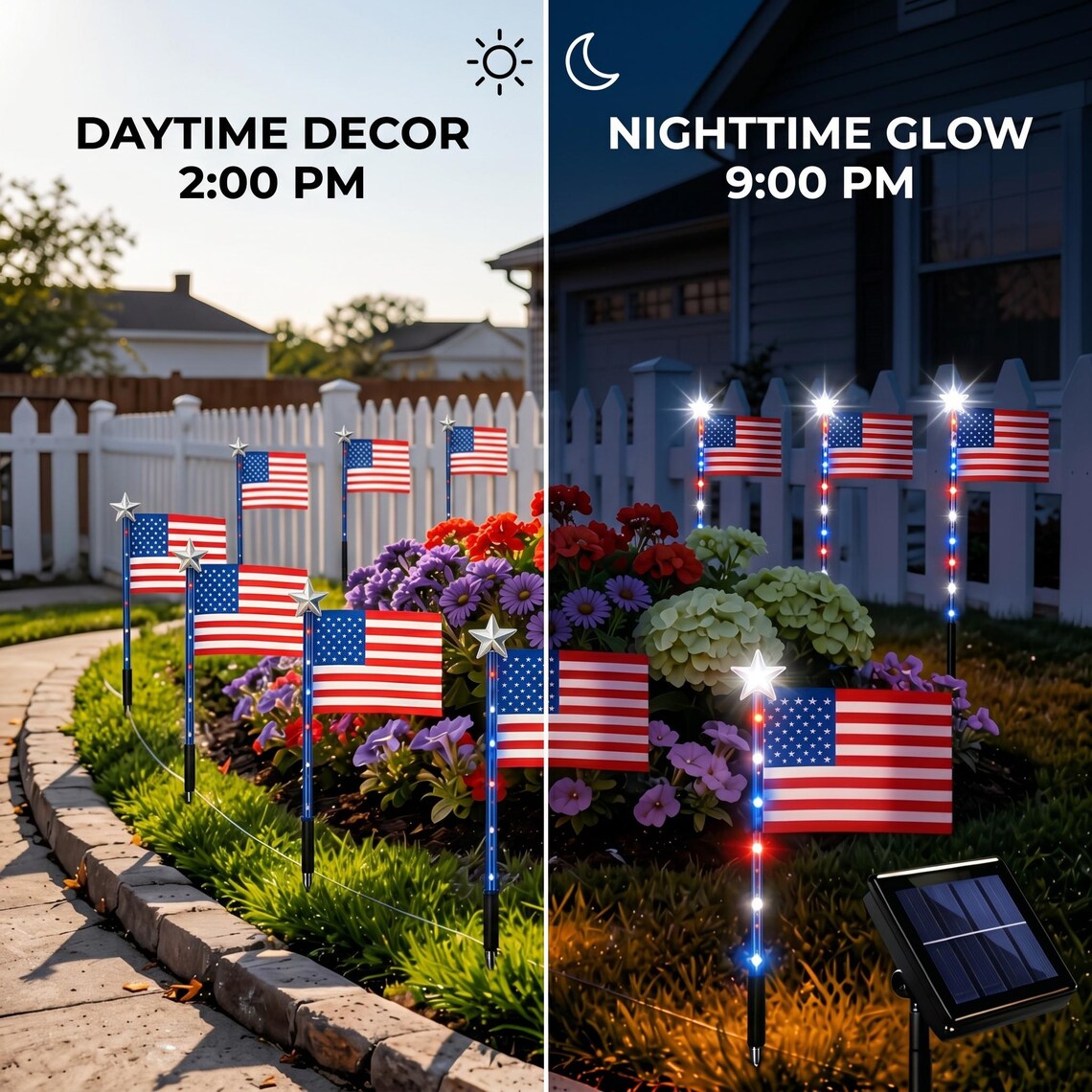 8 Pack Solar American Flag Lights, Waterproof Patriotic Pathway Stakes