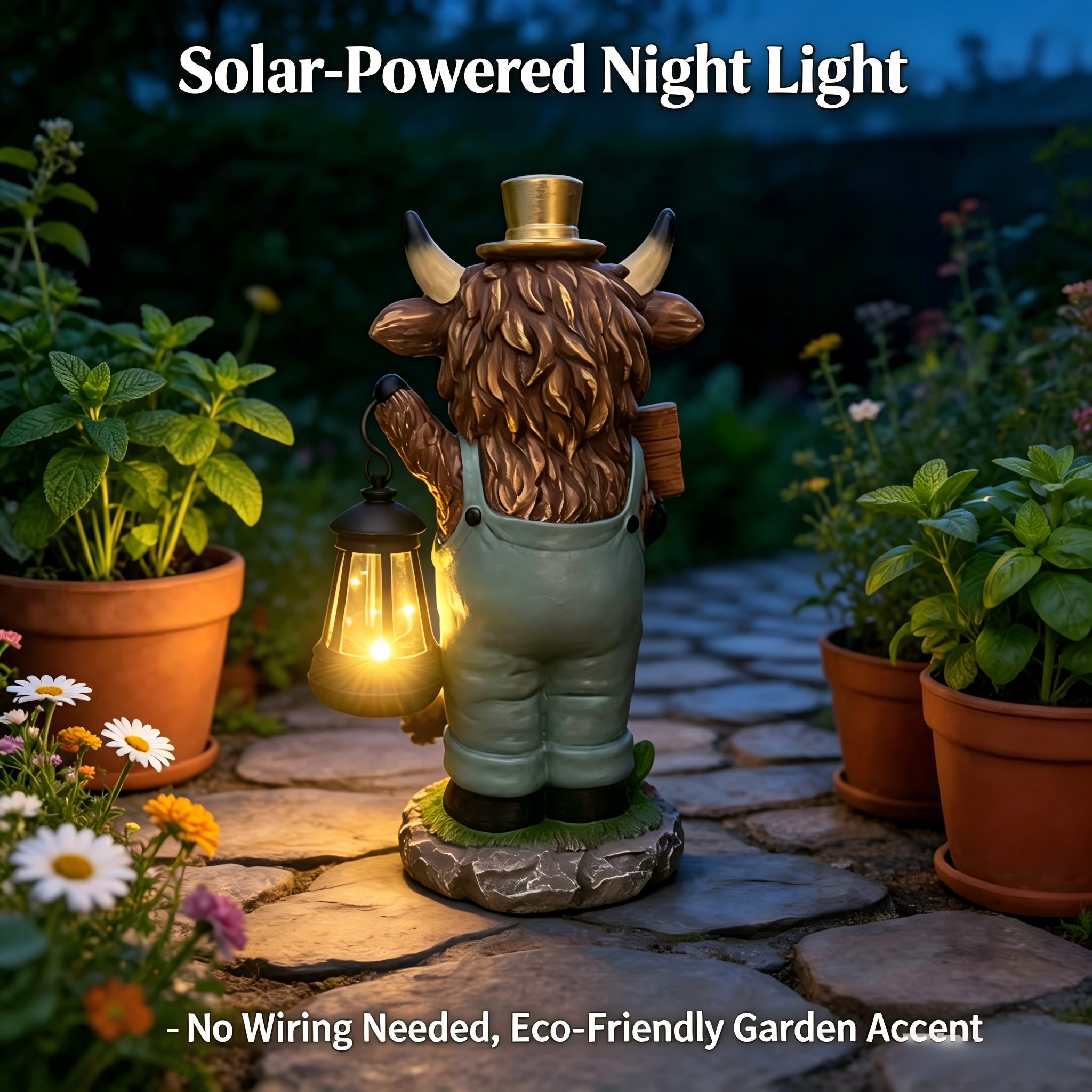 Solar Highland Cow Garden Statue with Lantern Light