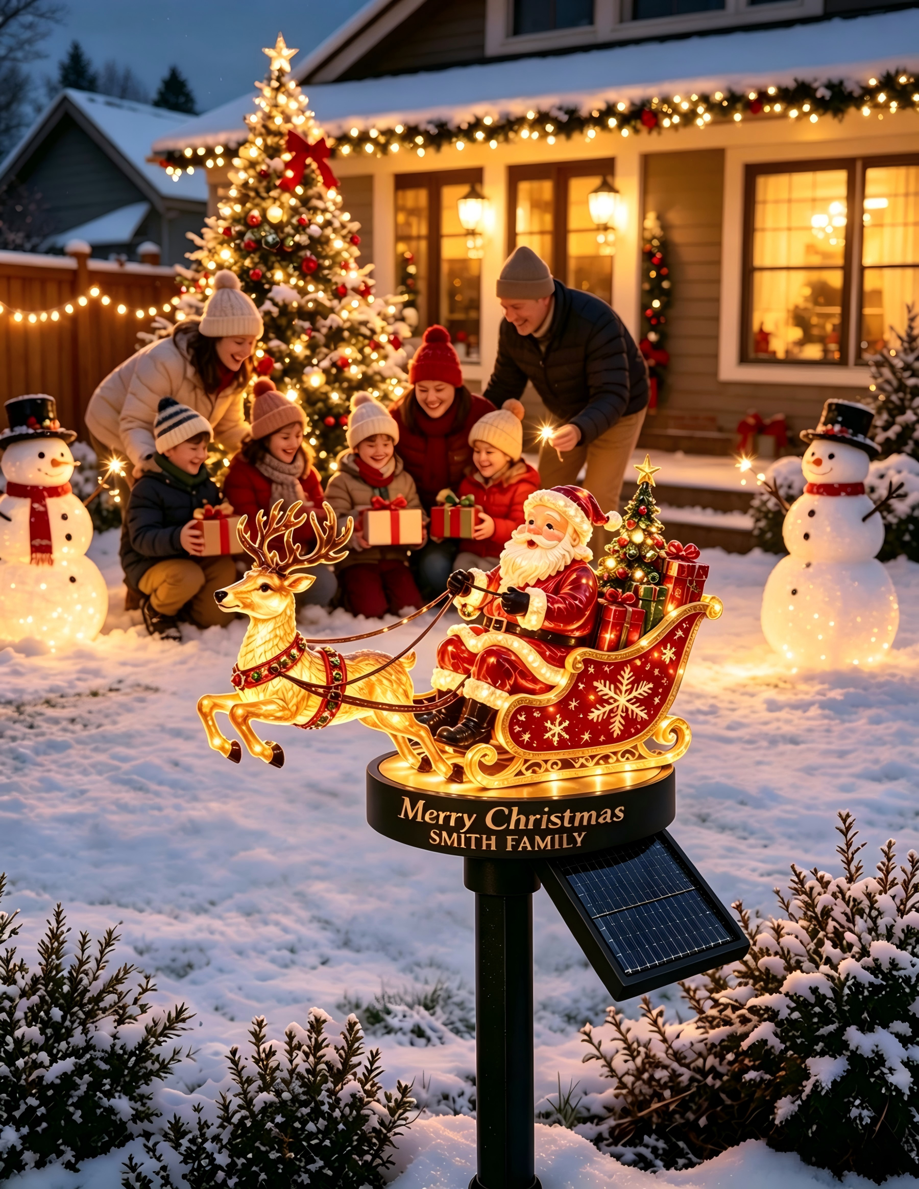 Personalized Santa & Reindeer Sleigh Solar Garden Stake Light 🎅🦌