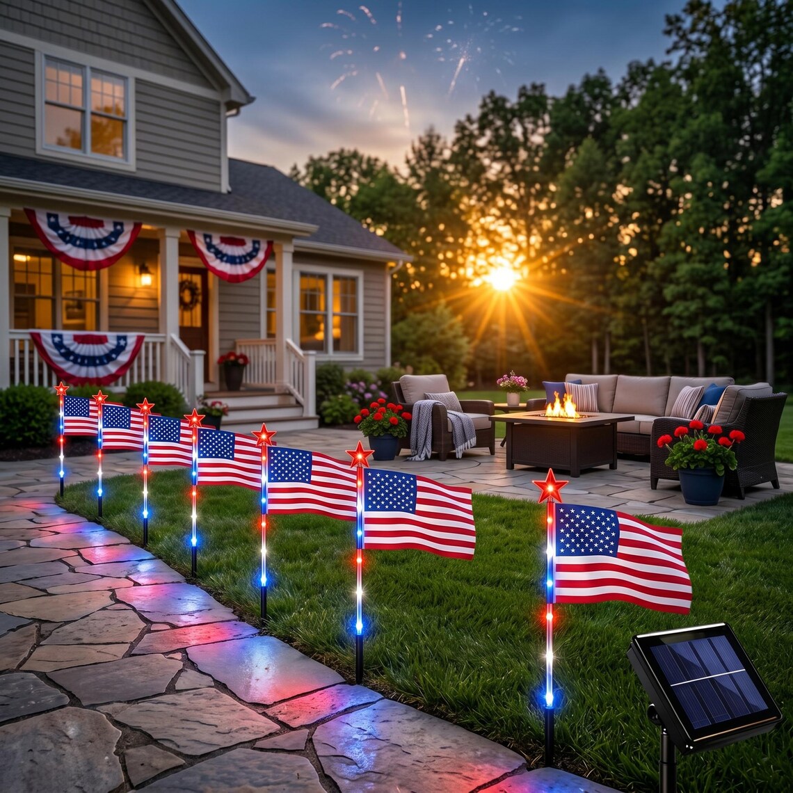 8 Pack Solar American Flag Lights, Waterproof Patriotic Pathway Stakes