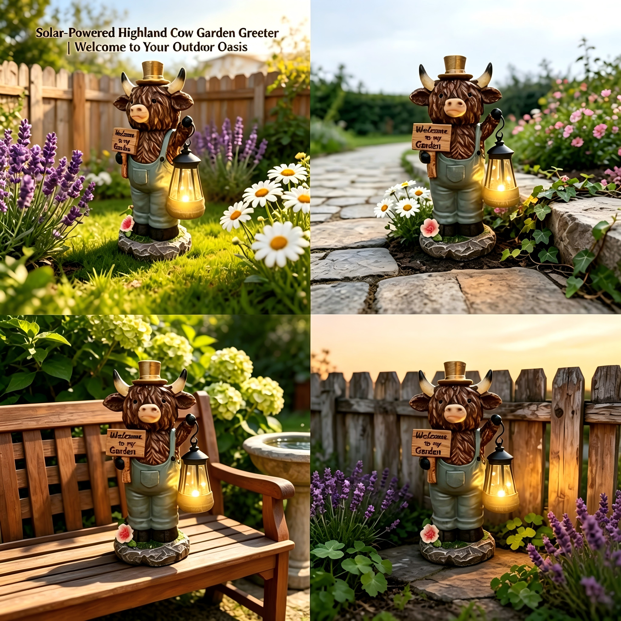Solar Highland Cow Garden Statue with Lantern Light