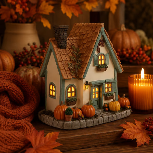 🍂🏡Fall Harvest Lighted Cottage Resin Figurine✨